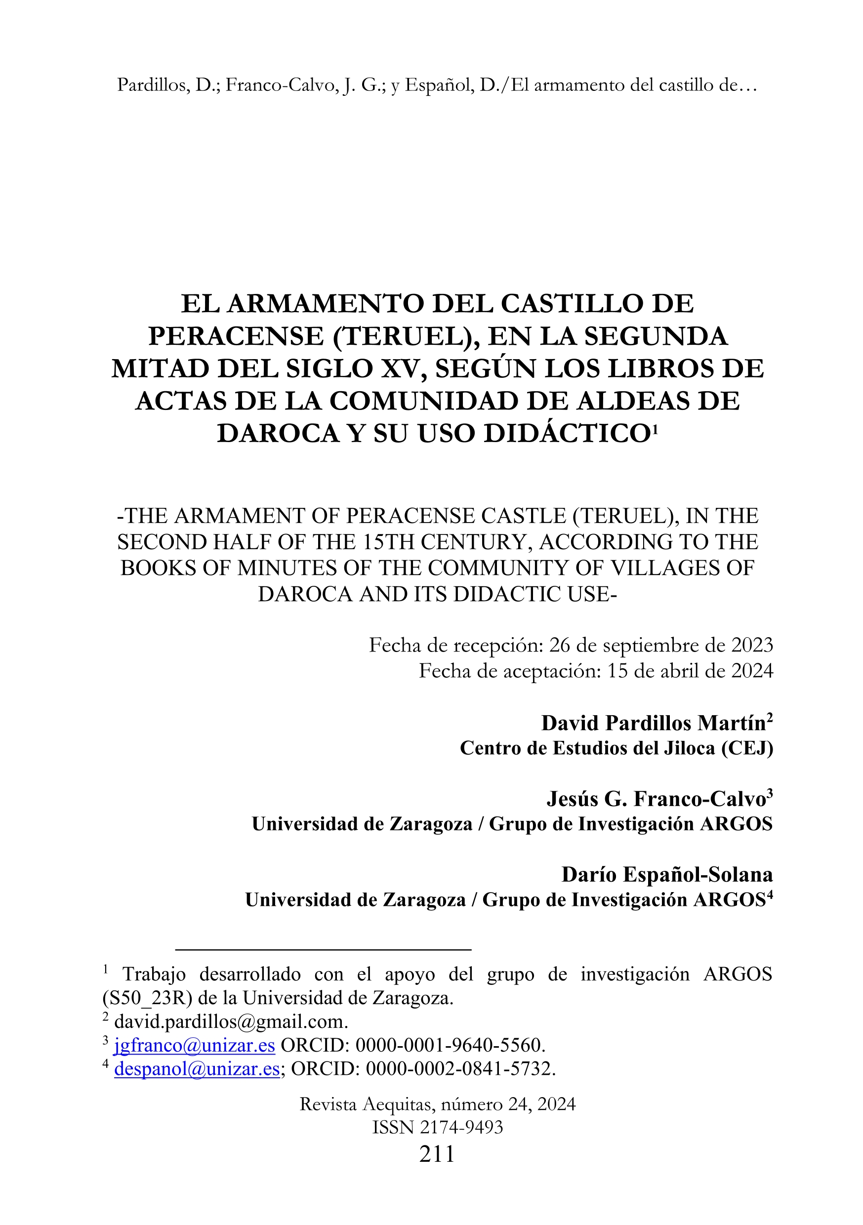 El armamento del castillo de Peracense (Teruel), en la segunda mitad del siglo XV, según los libros de Actas de la comunidad de aldeas de Daroca y su uso didáctico