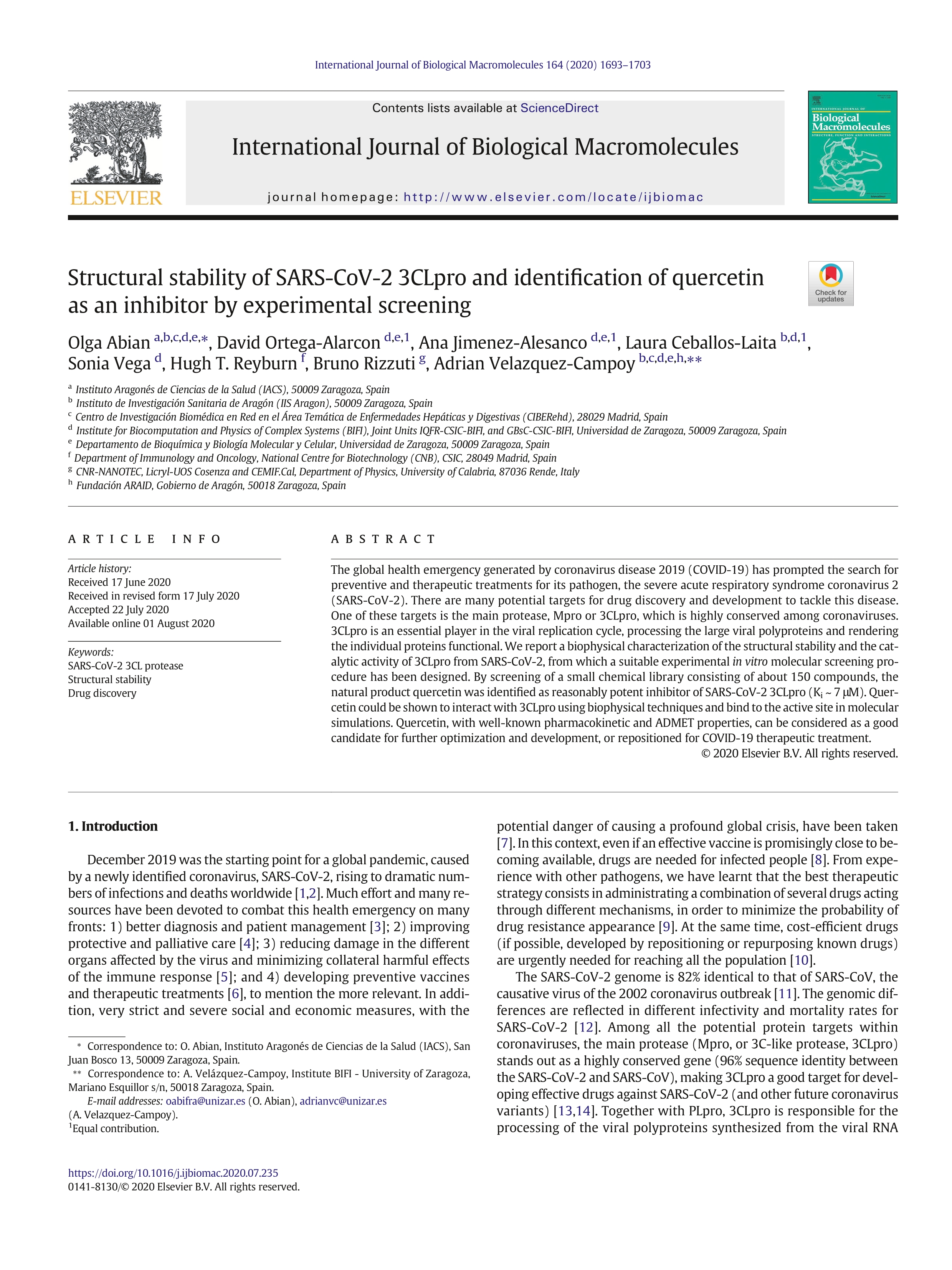 Structural stability of SARS-CoV-2 3CLpro and identification of quercetin as an inhibitor by experimental screening