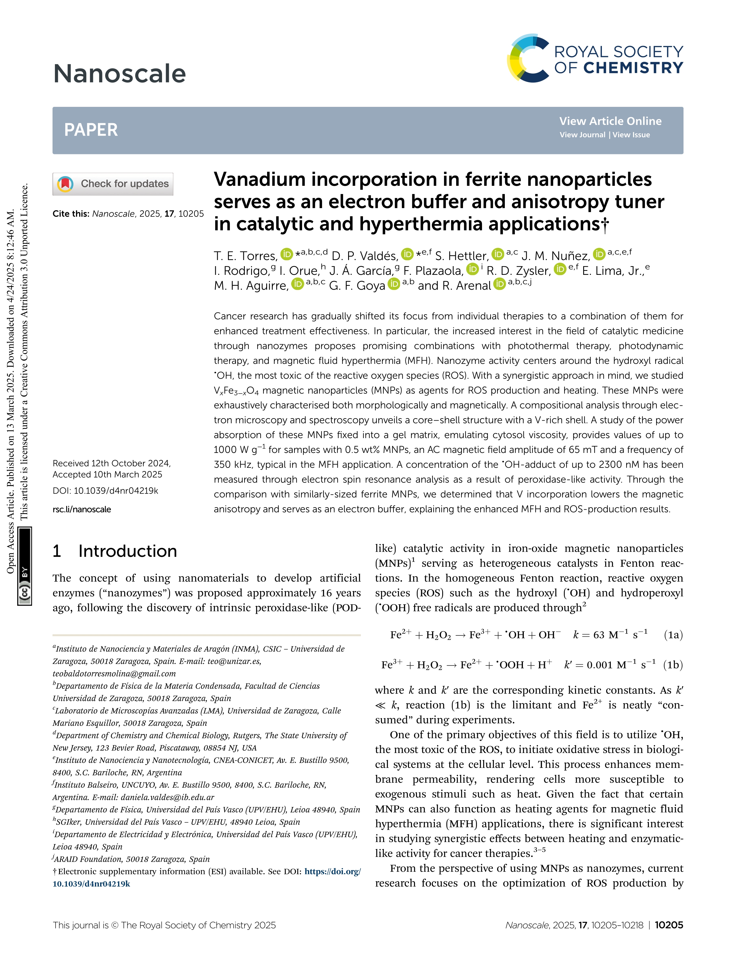 Vanadium incorporation in ferrite nanoparticles serves as an electron buffer and anisotropy tuner in catalytic and hyperthermia applications