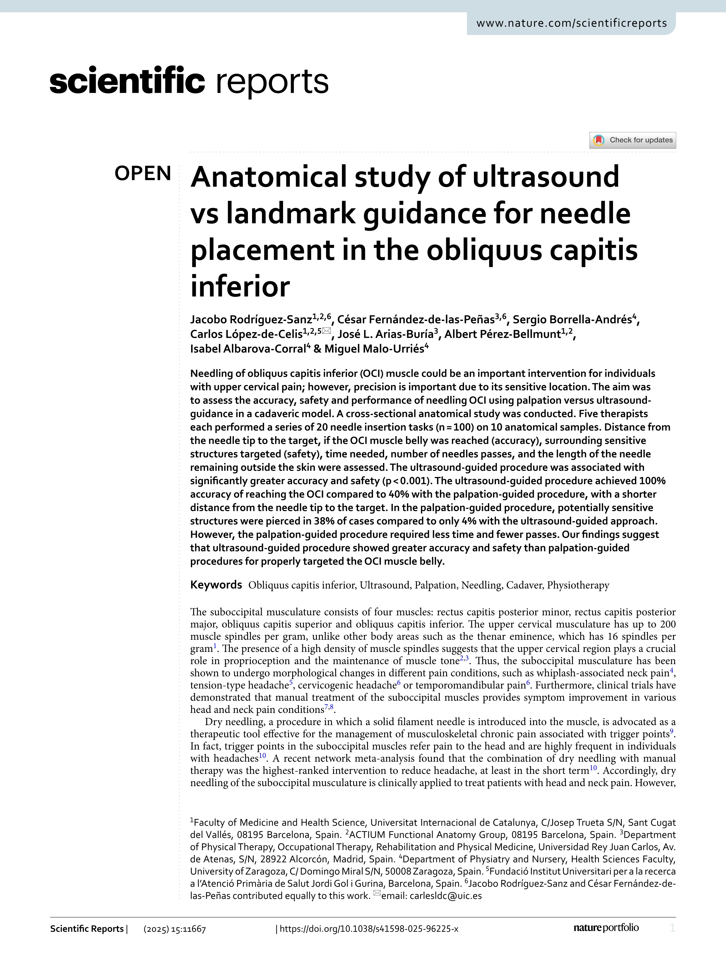 Anatomical study of ultrasound vs landmark guidance for needle placement in the obliquus capitis inferior