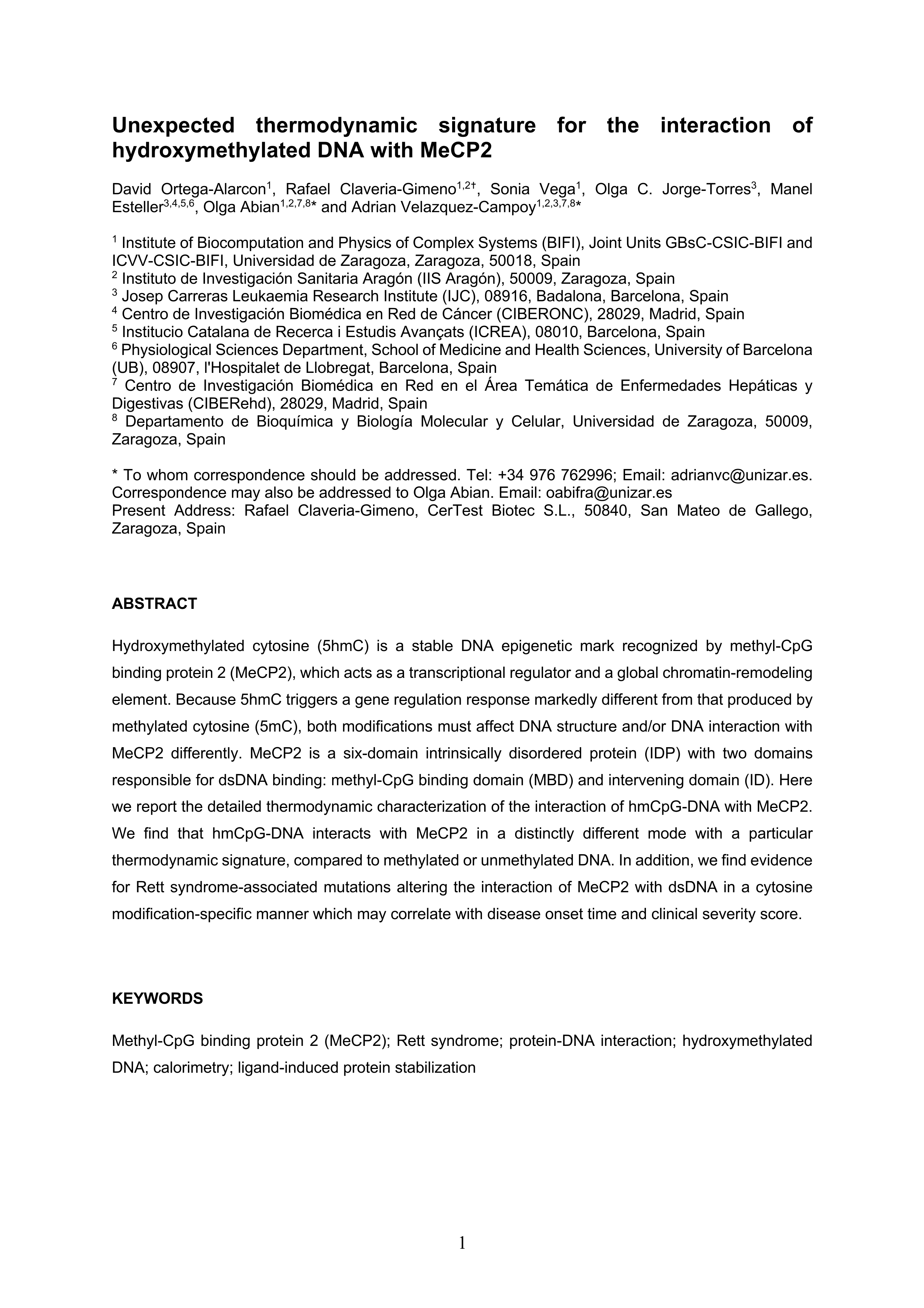 Unexpected thermodynamic signature for the interaction of hydroxymethylated DNA with MeCP2