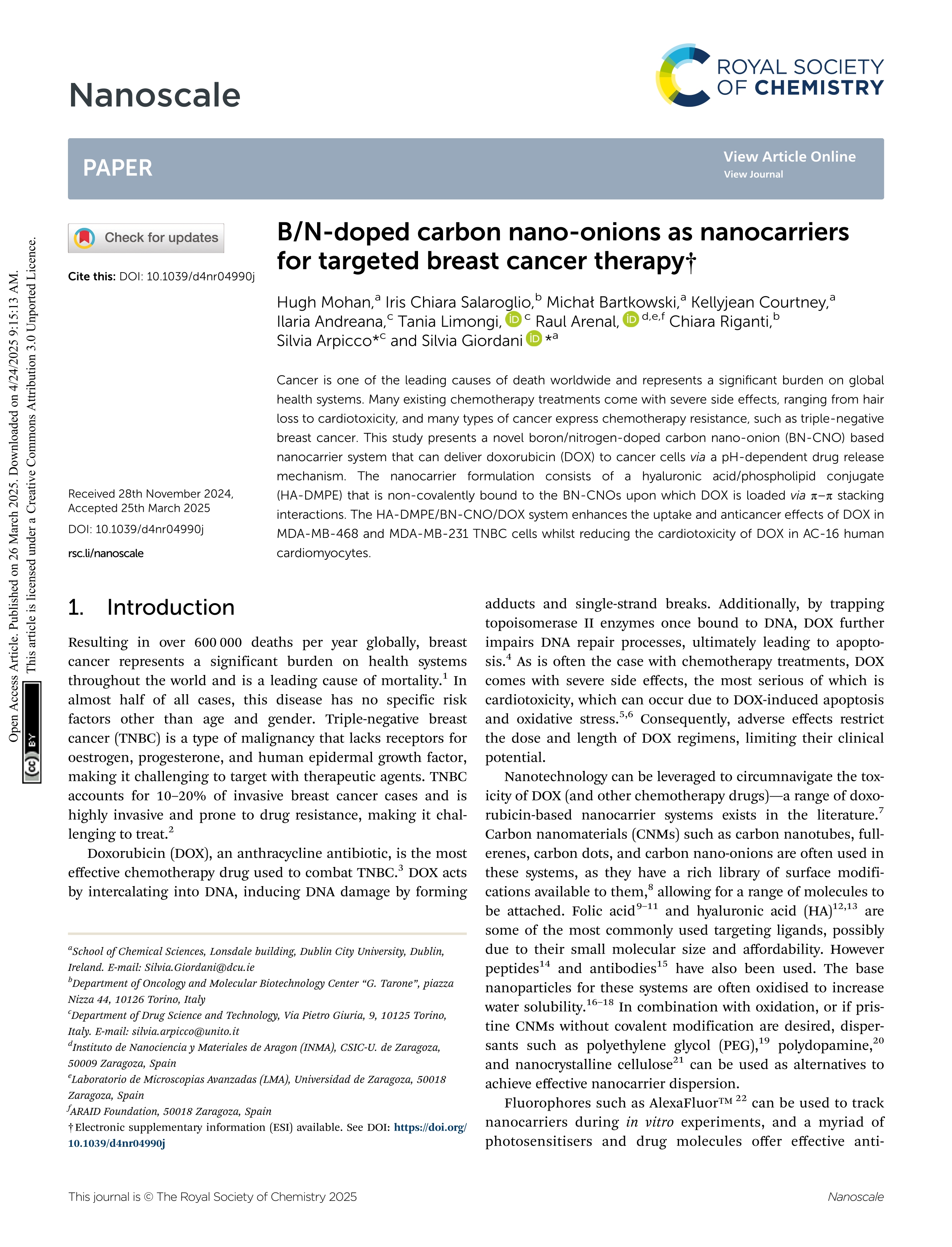 B/N-doped carbon nano-onions as nanocarriers for targeted breast cancer therapy