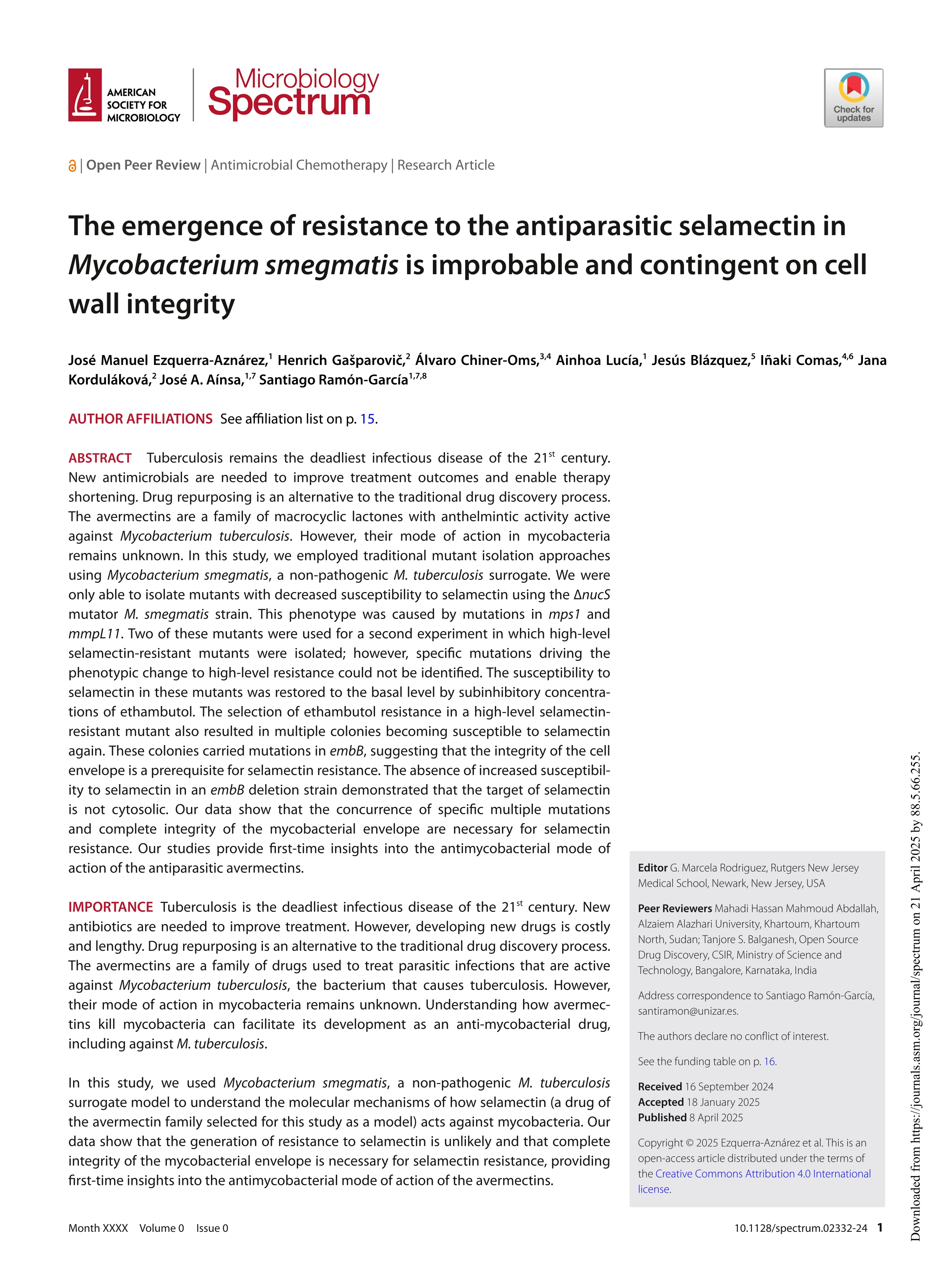 The emergence of resistance to the antiparasitic selamectin in Mycobacterium smegmatis is improbable and contingent on cell wall integrity