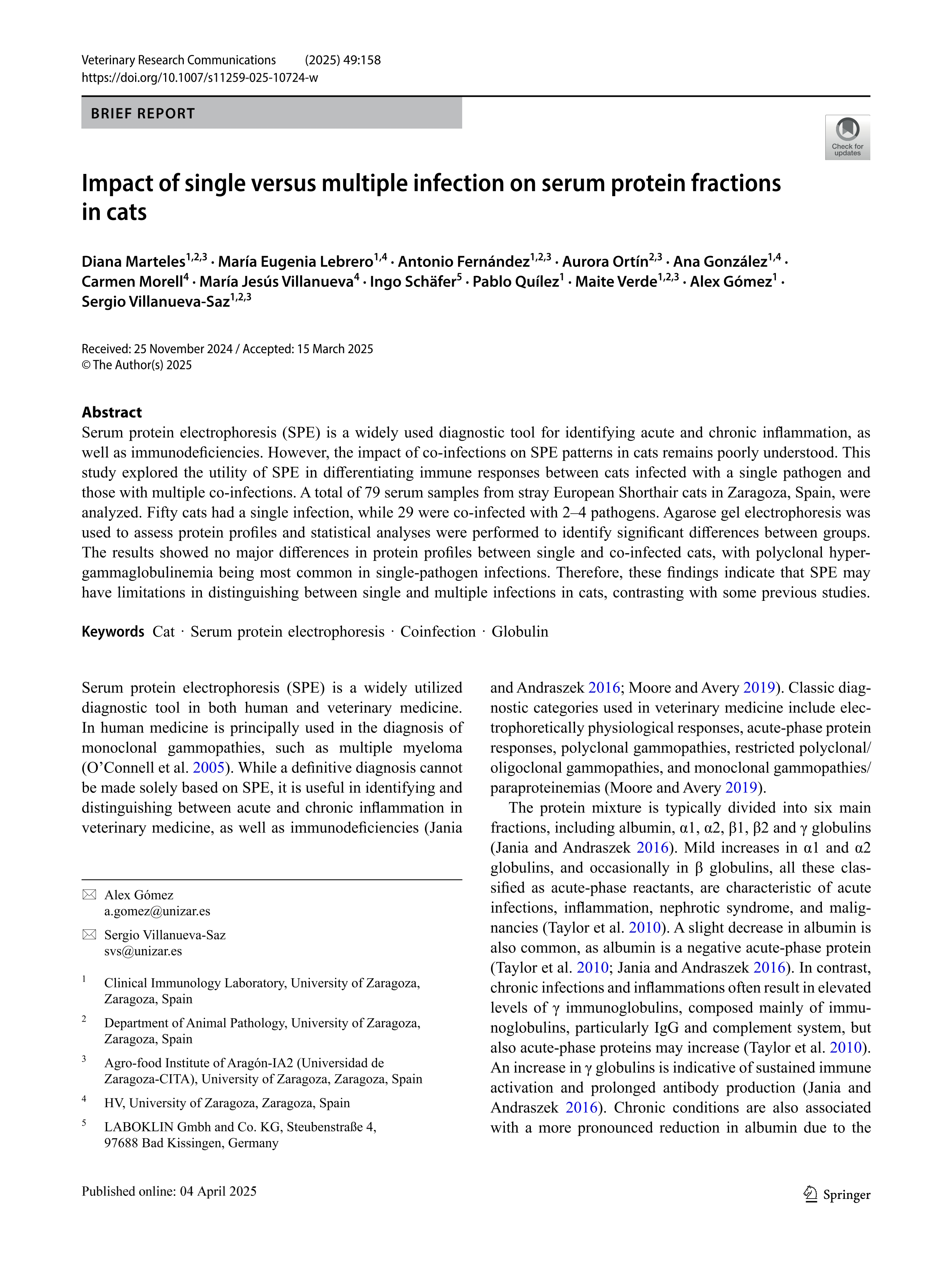Impact of single versus multiple infection on serum protein fractions in cats