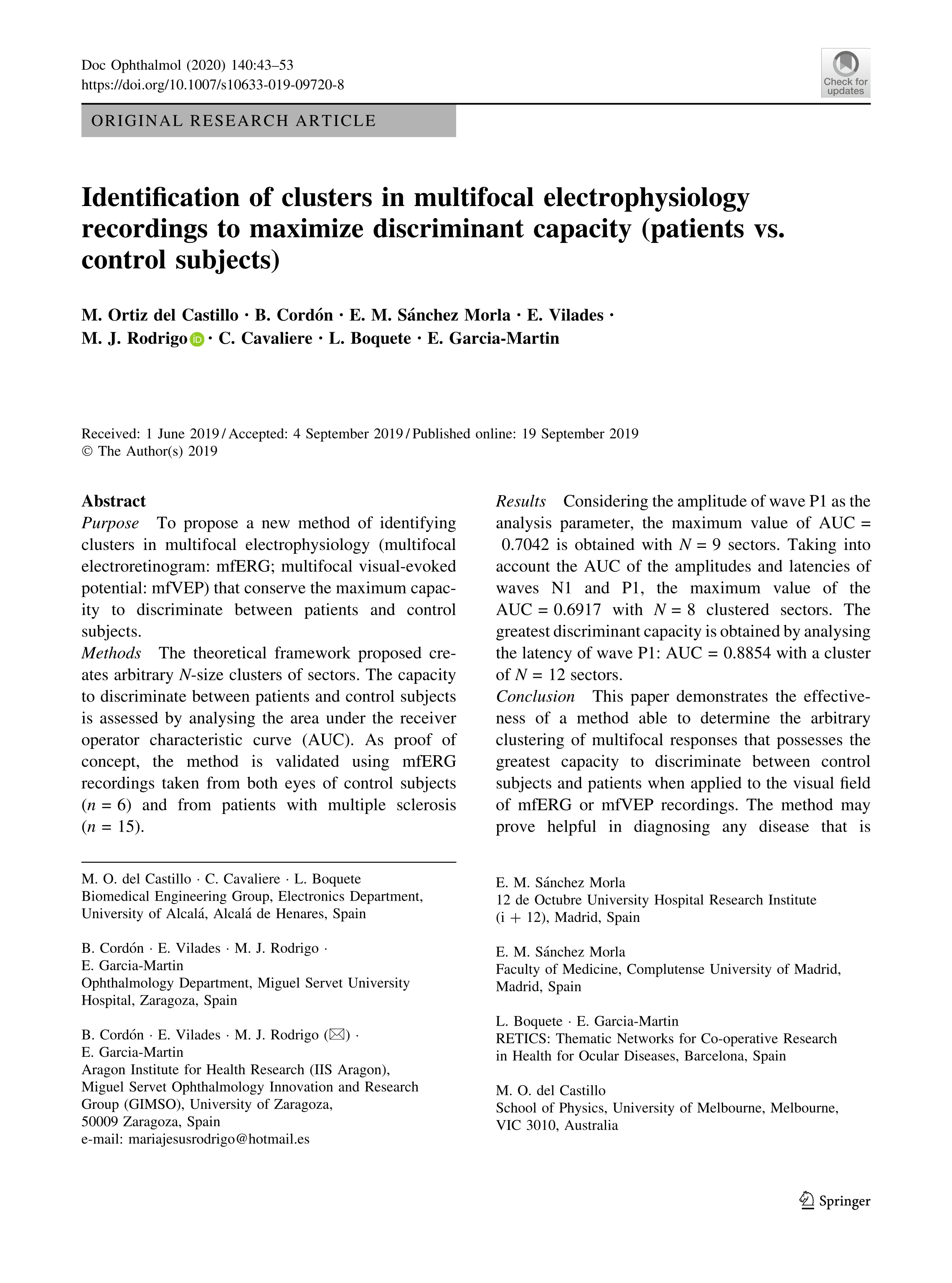Identification of clusters in multifocal electrophysiology recordings to maximize discriminant capacity (patients vs. control subjects)