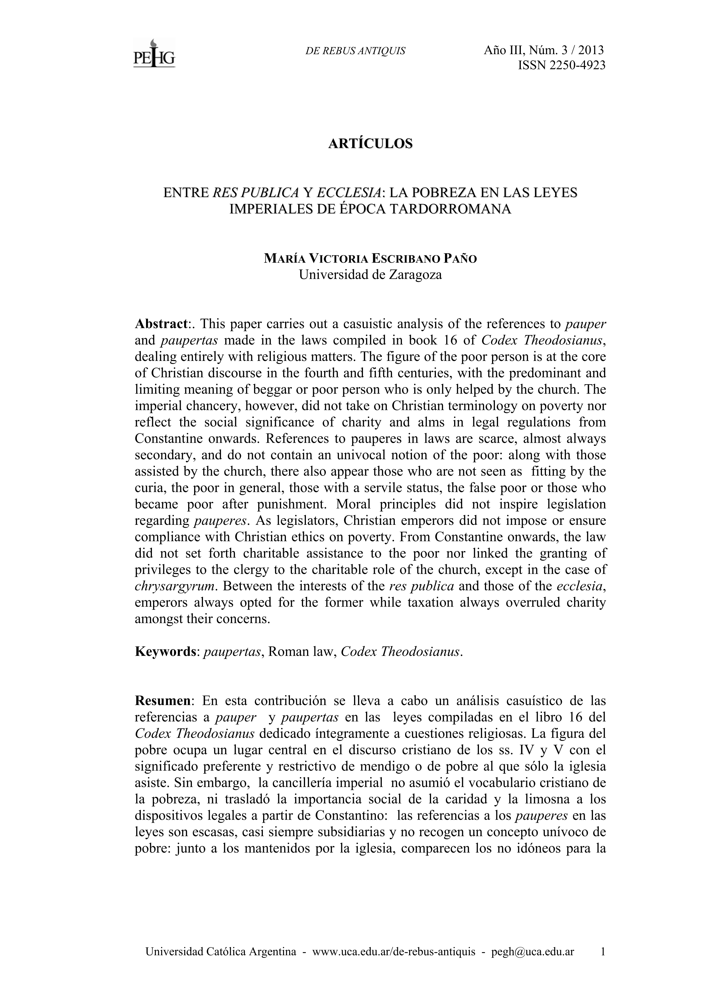 Entre res publica y ecclesia: la pobreza en las leyes imperiales de época tardorromana