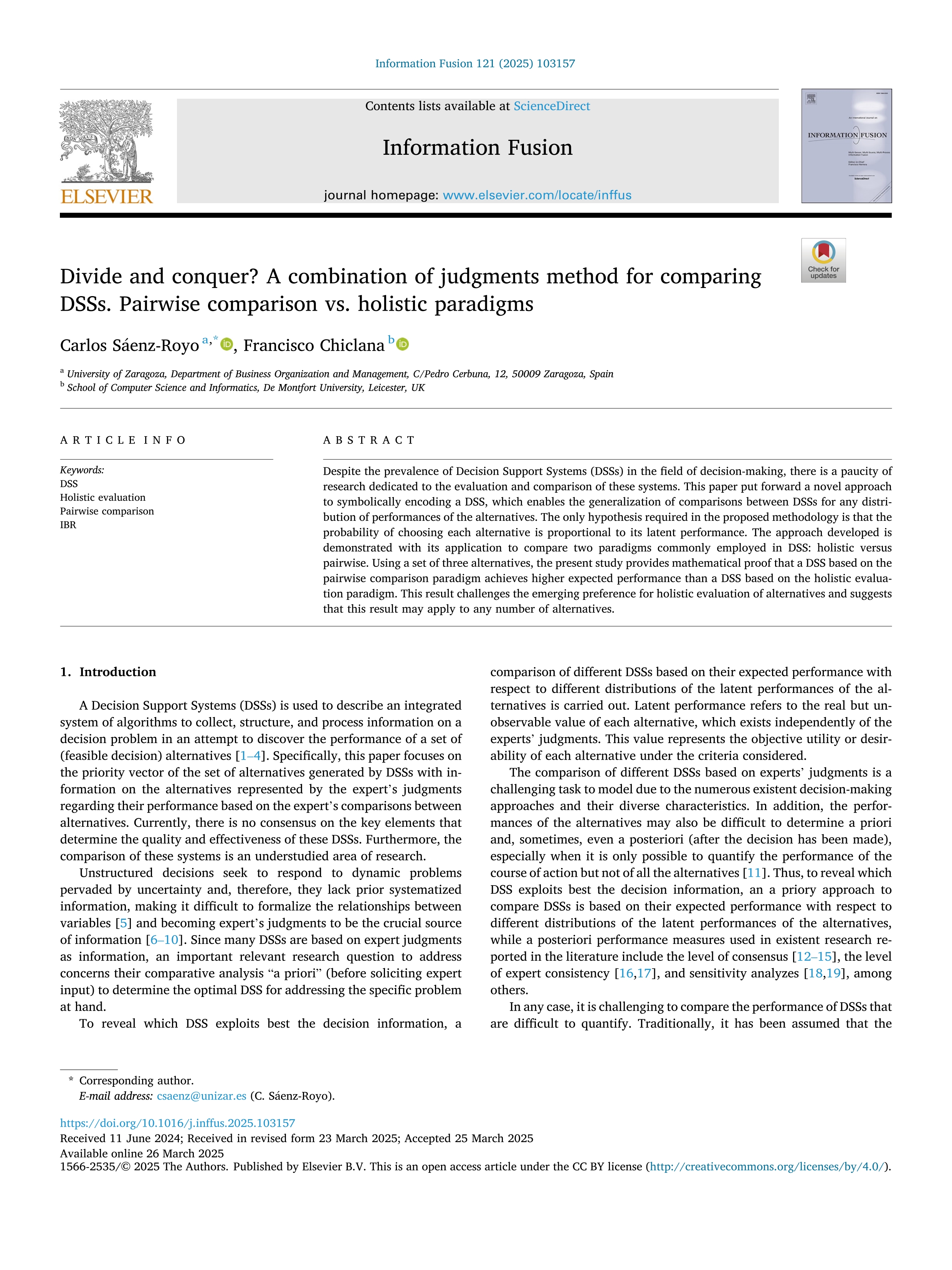 Divide and conquer? A combination of judgments method for comparing DSSs. Pairwise comparison vs. holistic paradigms
