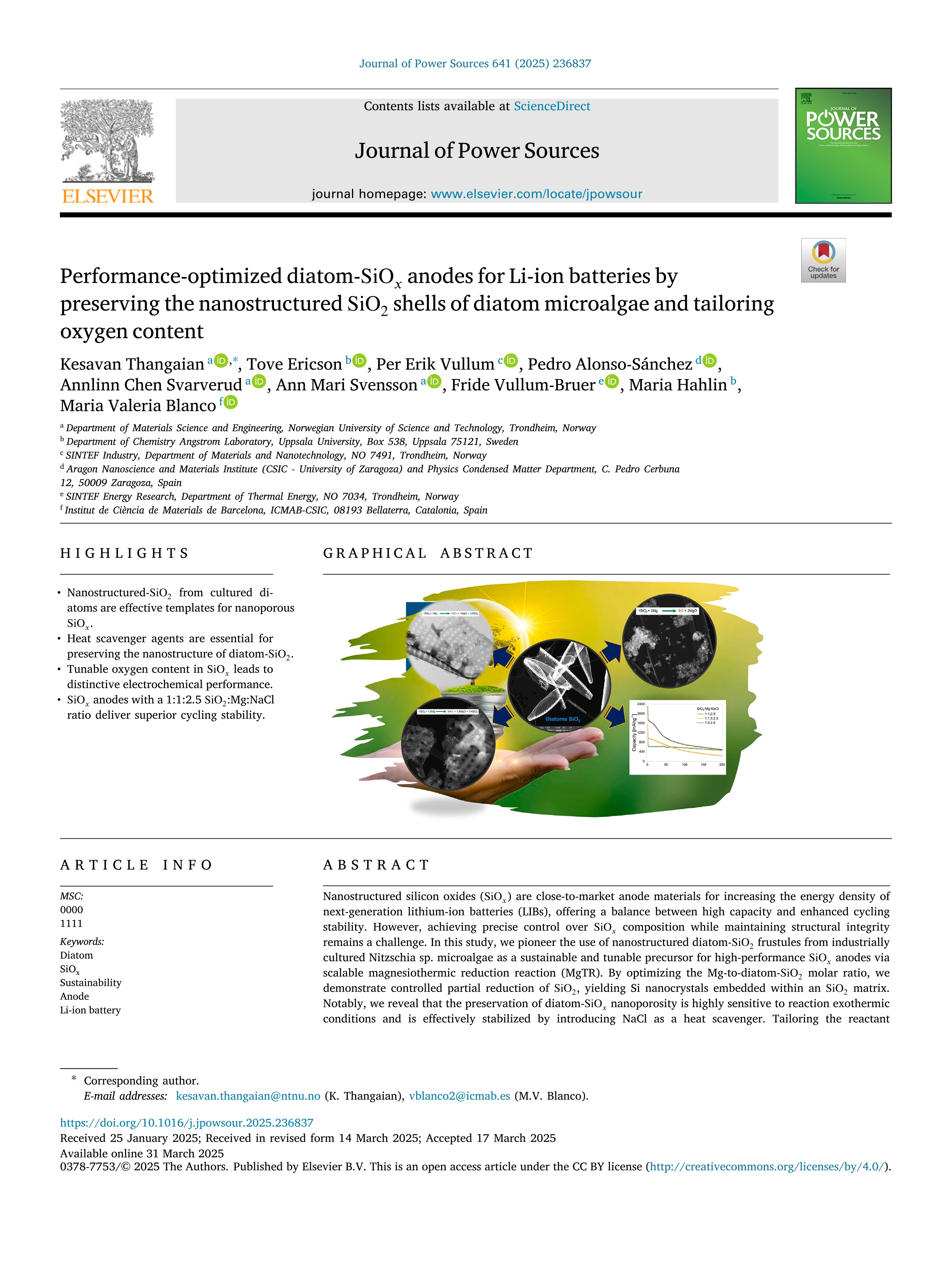 Performance-optimized diatom- [fórmula] anodes for Li-ion batteries by preserving the nanostructured SiO2 shells of diatom microalgae and tailoring oxygen content