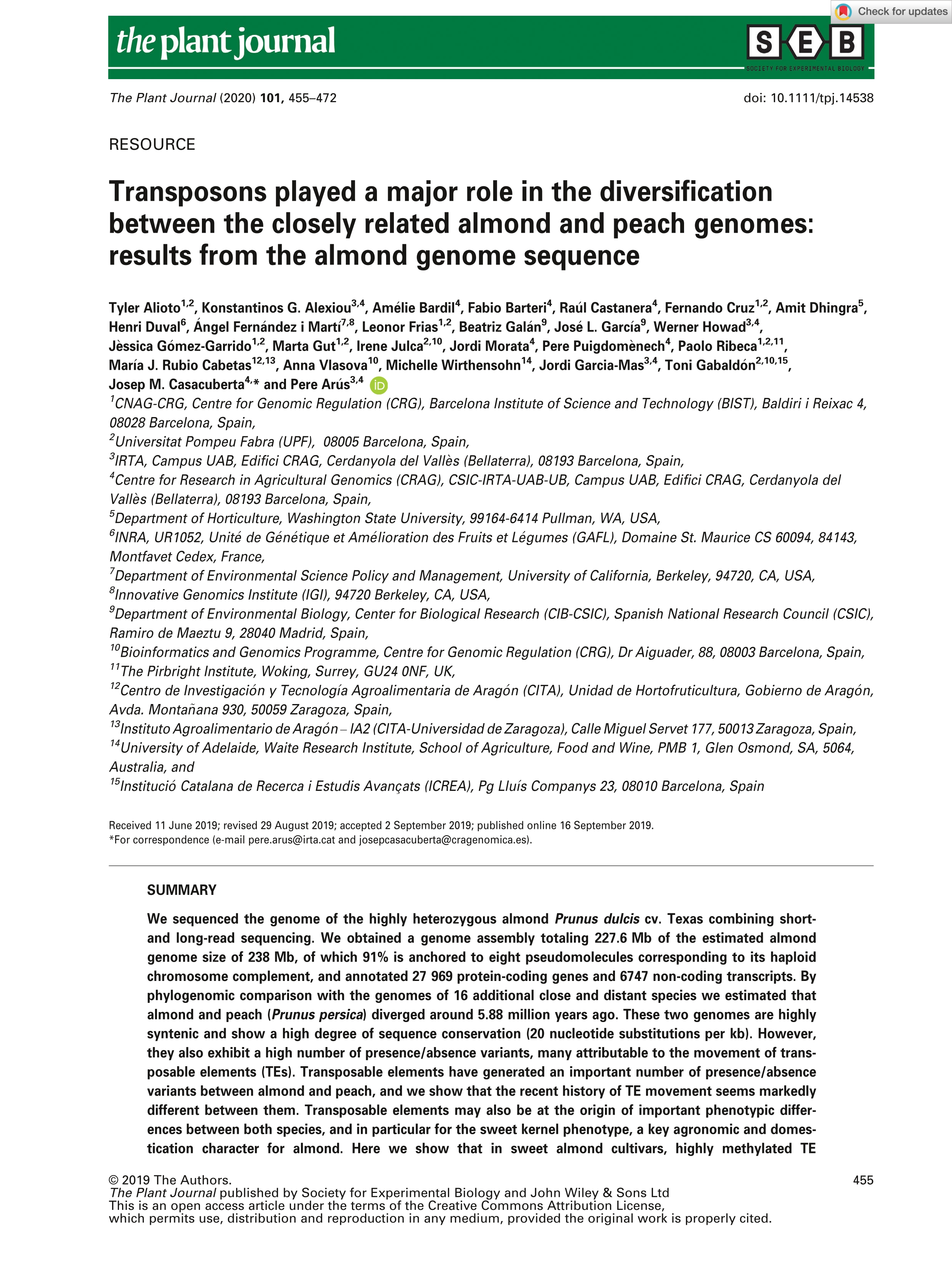 Transposons played a major role in the diversification between the closely related almond and peach genomes: results from the almond genome sequence