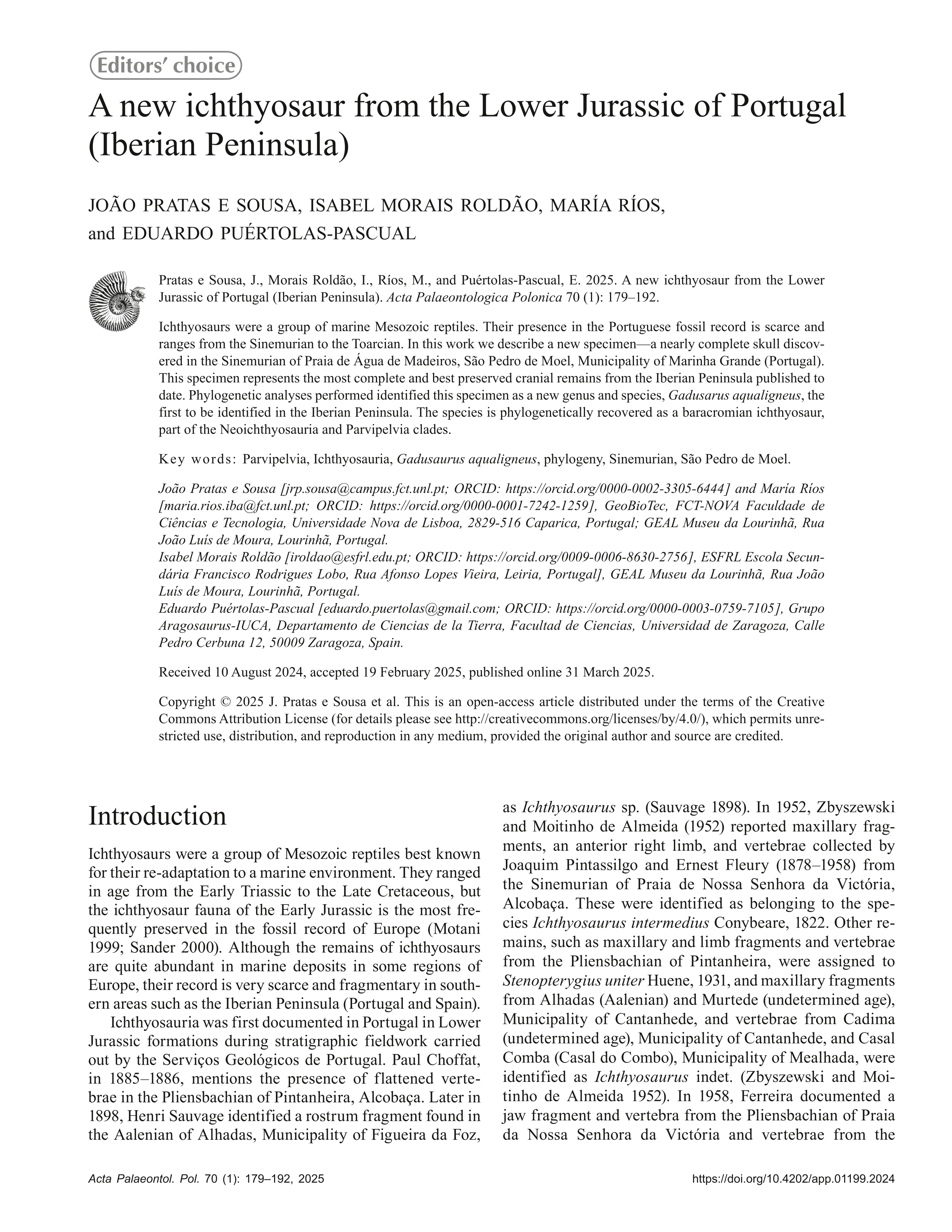 A new Ichthyosaur from the Lower Jurassic of Portugal (Iberian Peninsula)