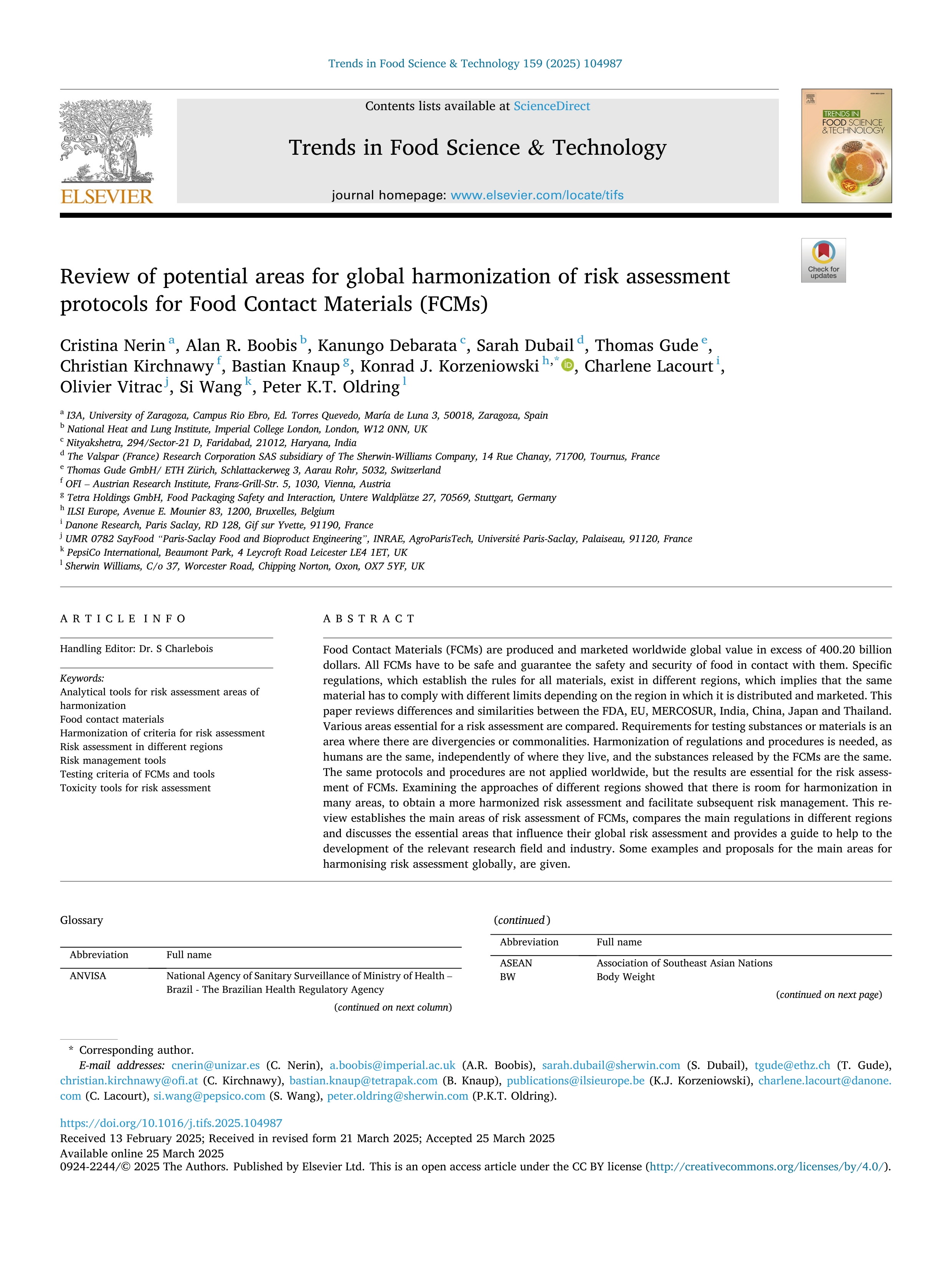 Review of potential areas for global harmonization of risk assessment protocols for Food Contact Materials (FCMs)
