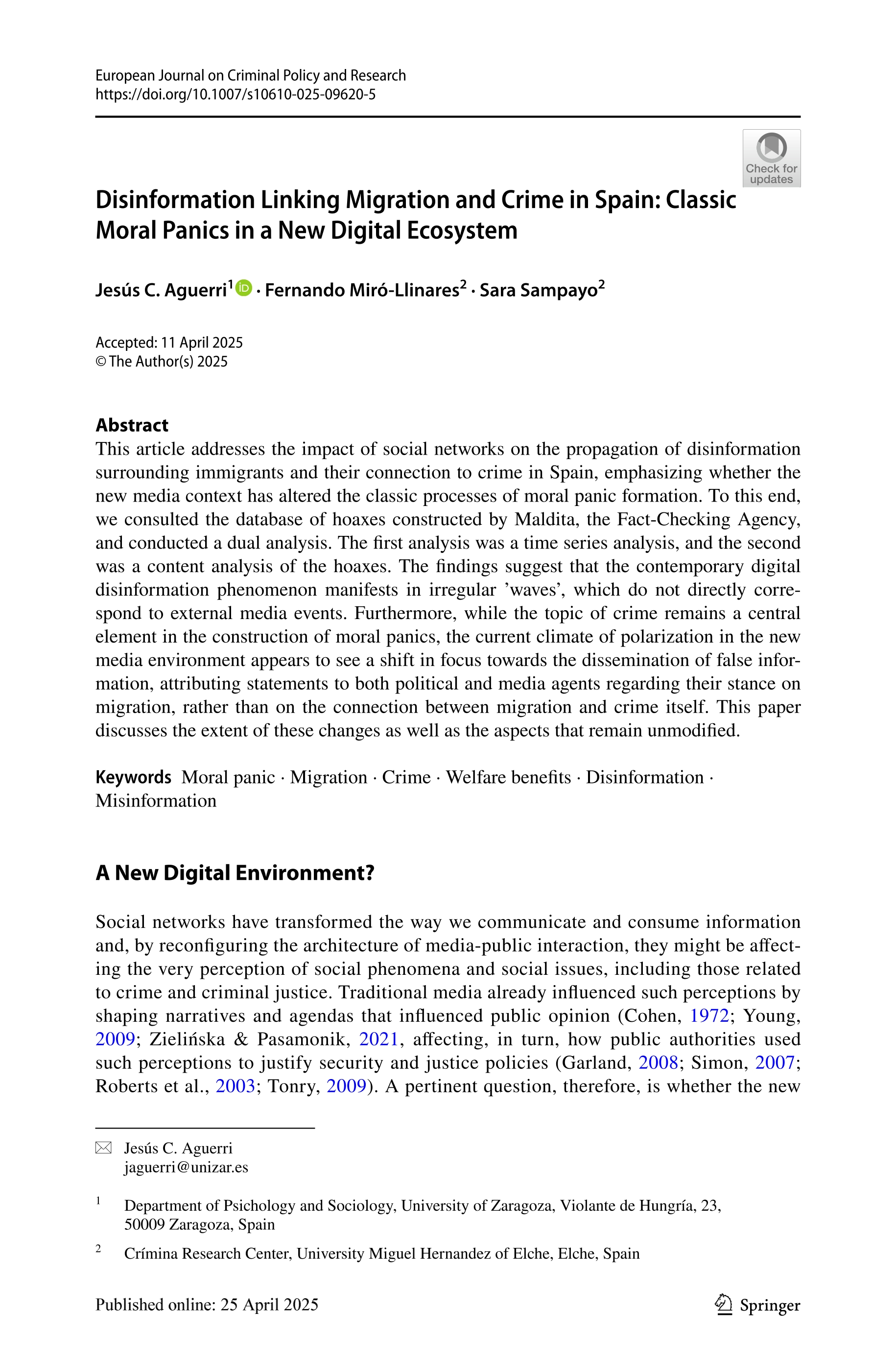 Disinformation Linking Migration and Crime in Spain: Classic Moral Panics in a New Digital Ecosystem