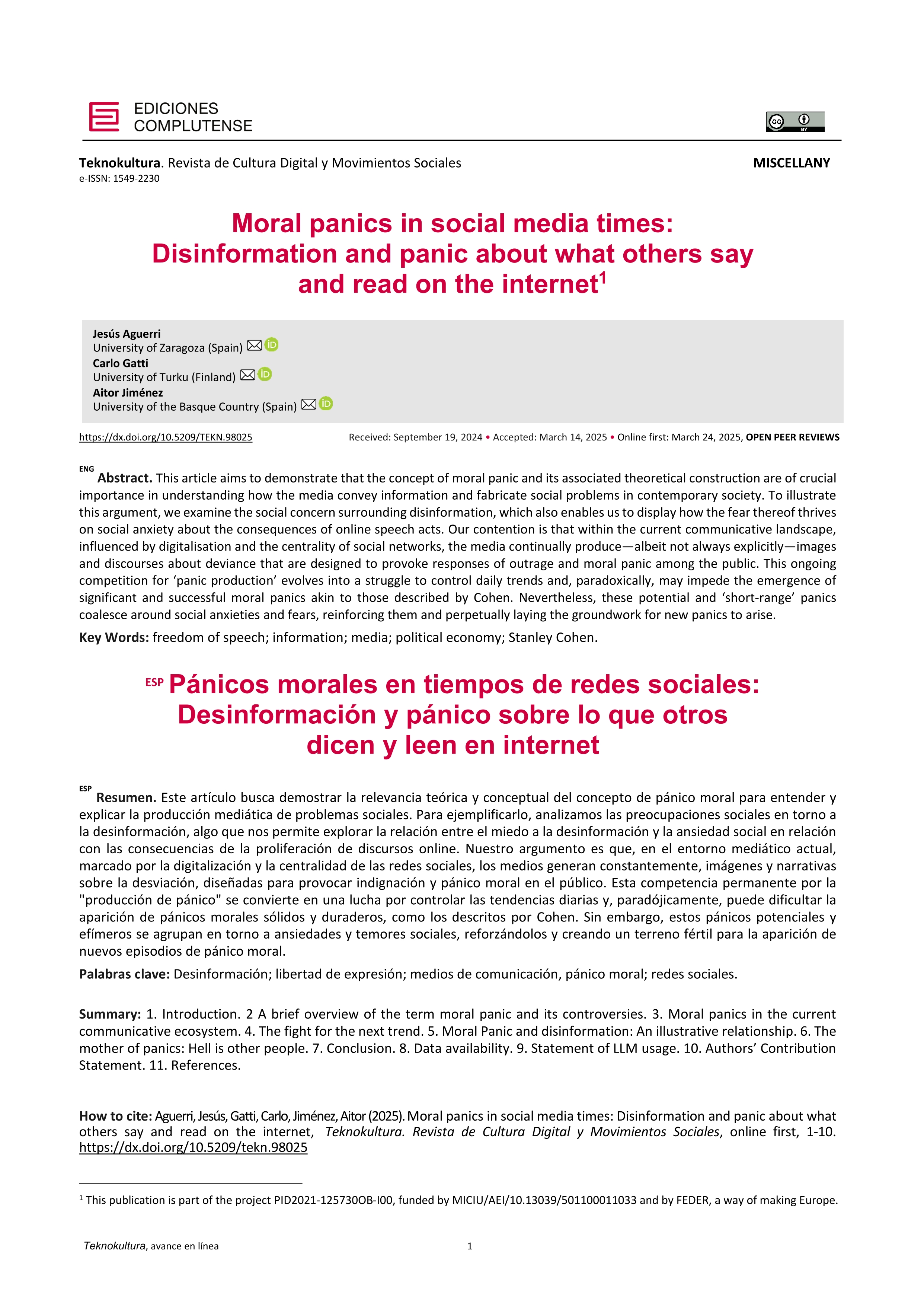 Moral panics in social media times: Disinformation and panic about what others say and read on the internet