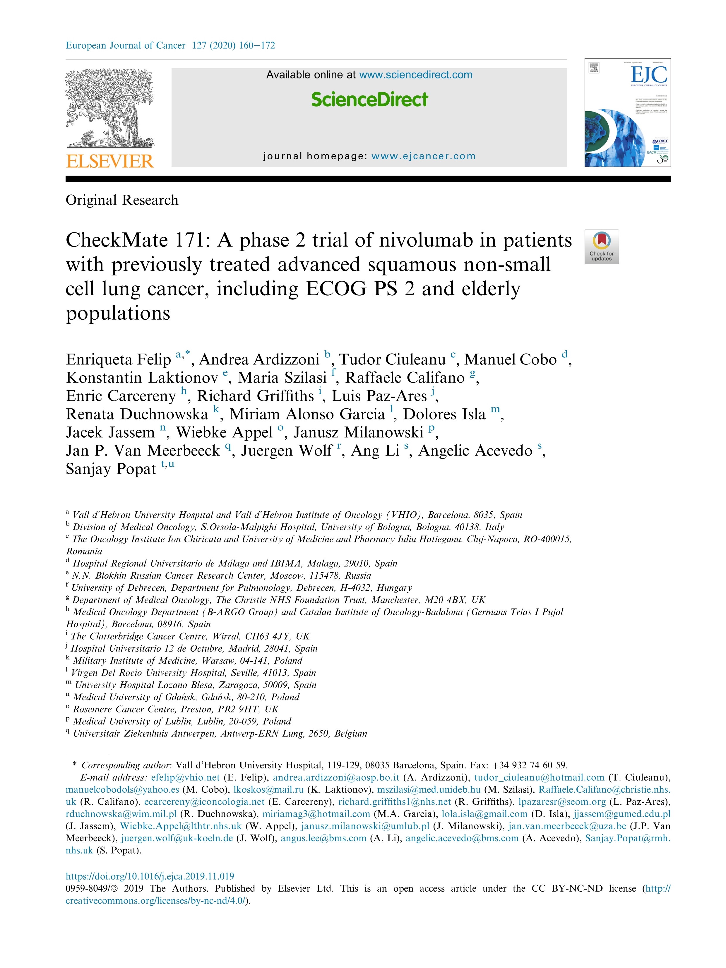 CheckMate 171: A phase 2 trial of nivolumab in patients with previously treated advanced squamous non-small cell lung cancer, including ECOG PS 2 and elderly populations