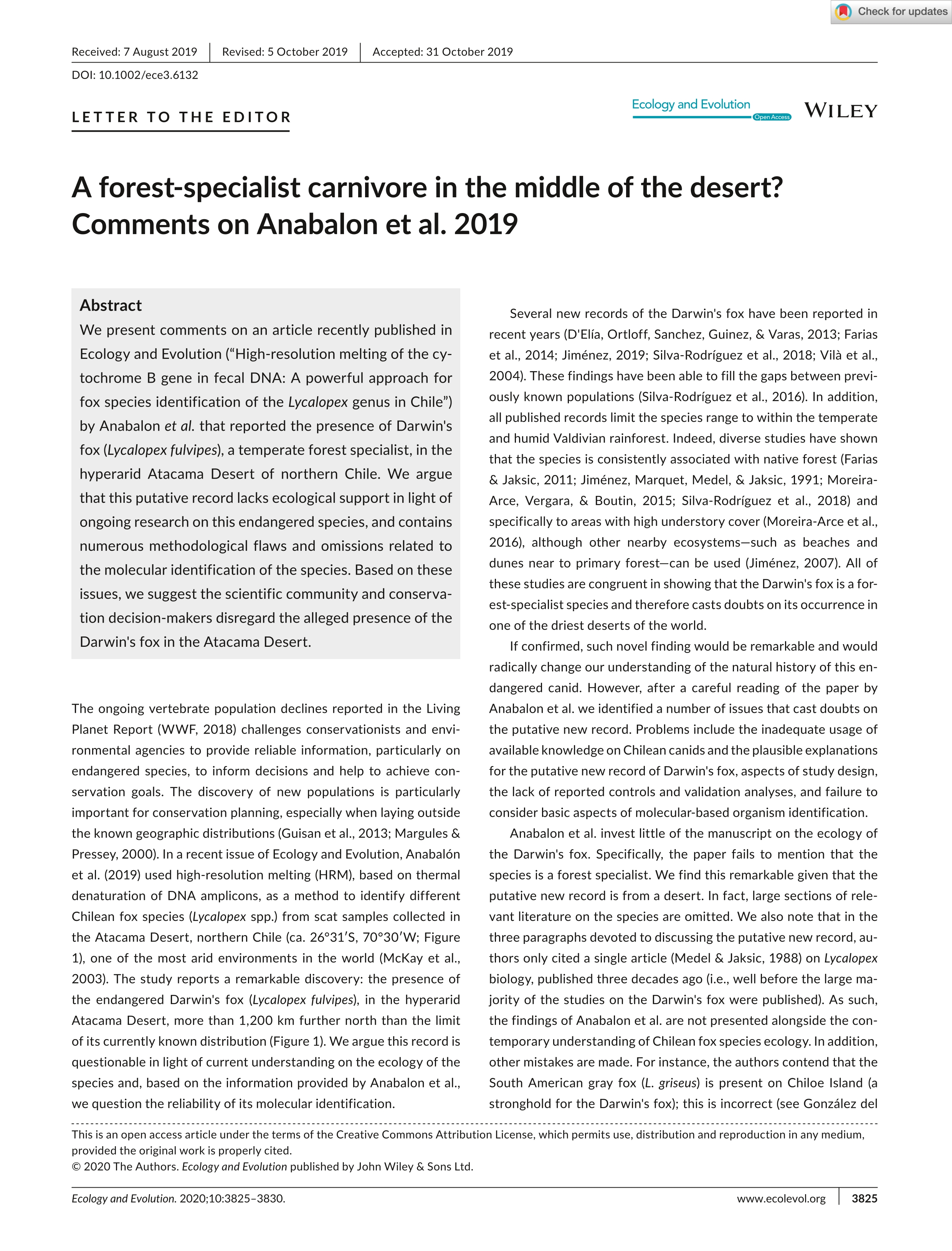 A forest-specialist carnivore in the middle of the desert?Comments on Anabalon et al. 2019
