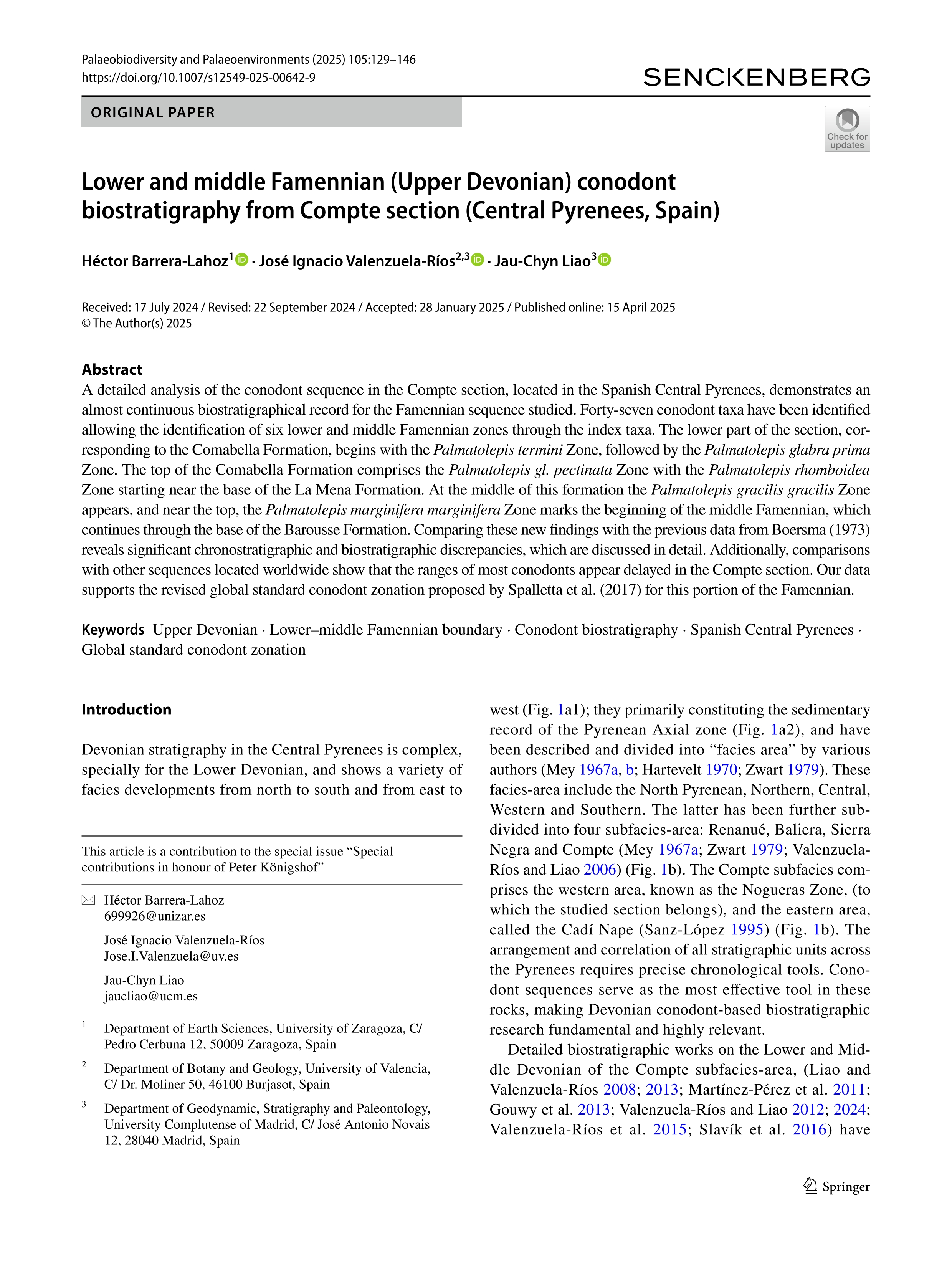 Lower and middle Famennian (Upper Devonian) conodont biostratigraphy from Compte section (Central Pyrenees, Spain)