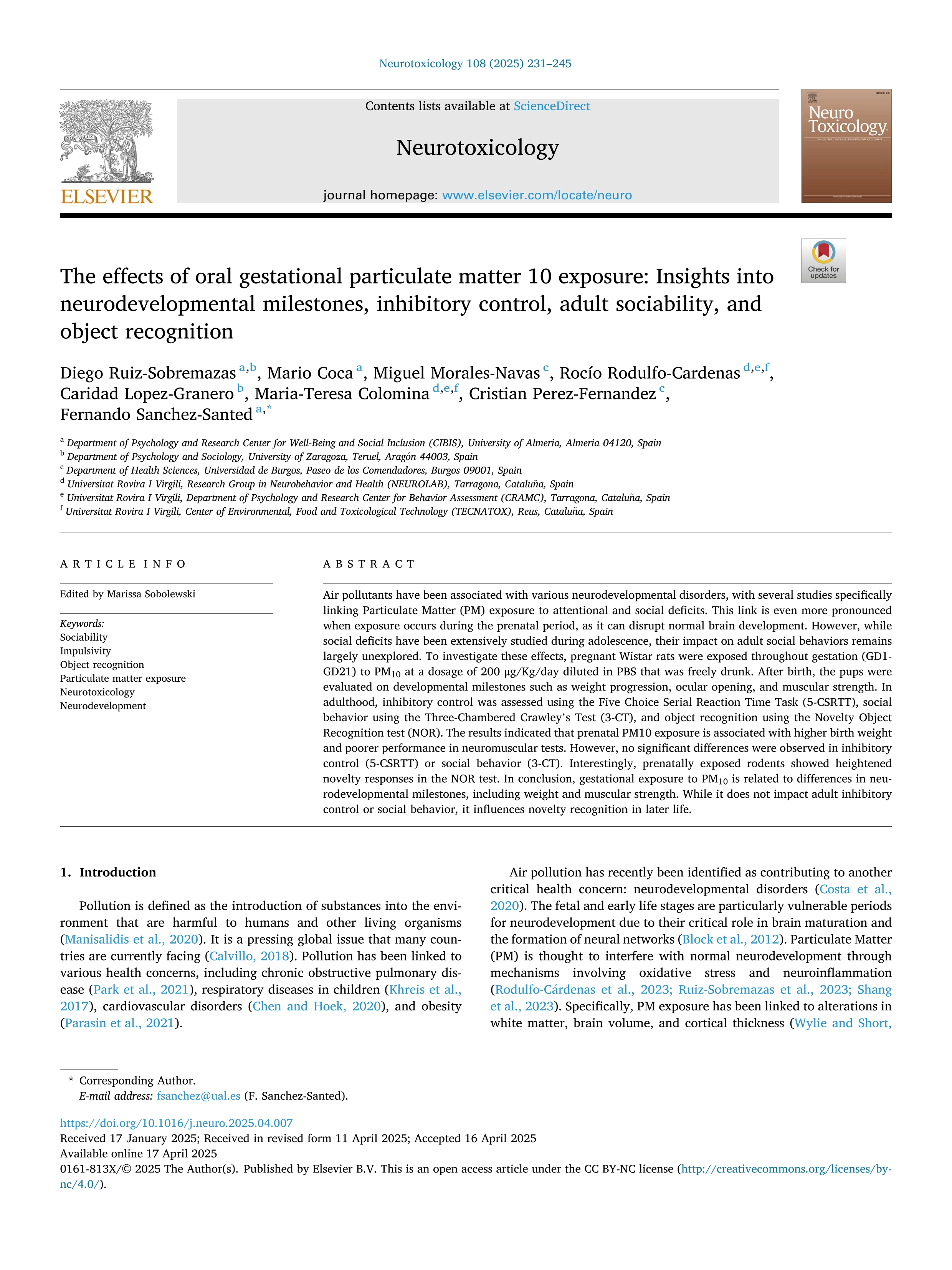 The effects of oral gestational particulate matter 10 exposure: Insights into neurodevelopmental milestones, inhibitory control, adult sociability, and object recognition