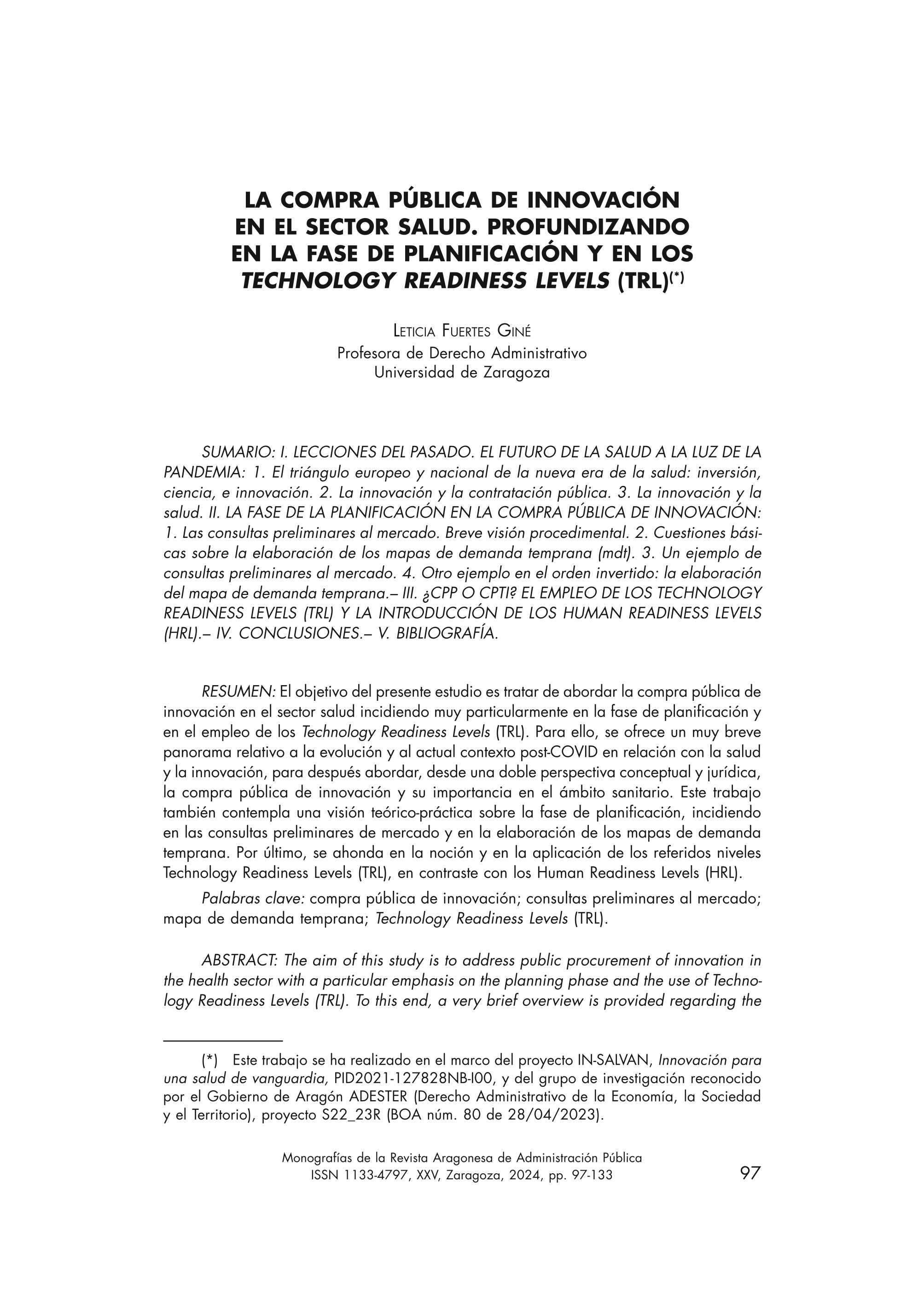 La compra pública de innovación en el sector salud.: Profundizando en la fase de planificación y en los technology readiness levels (TRL)