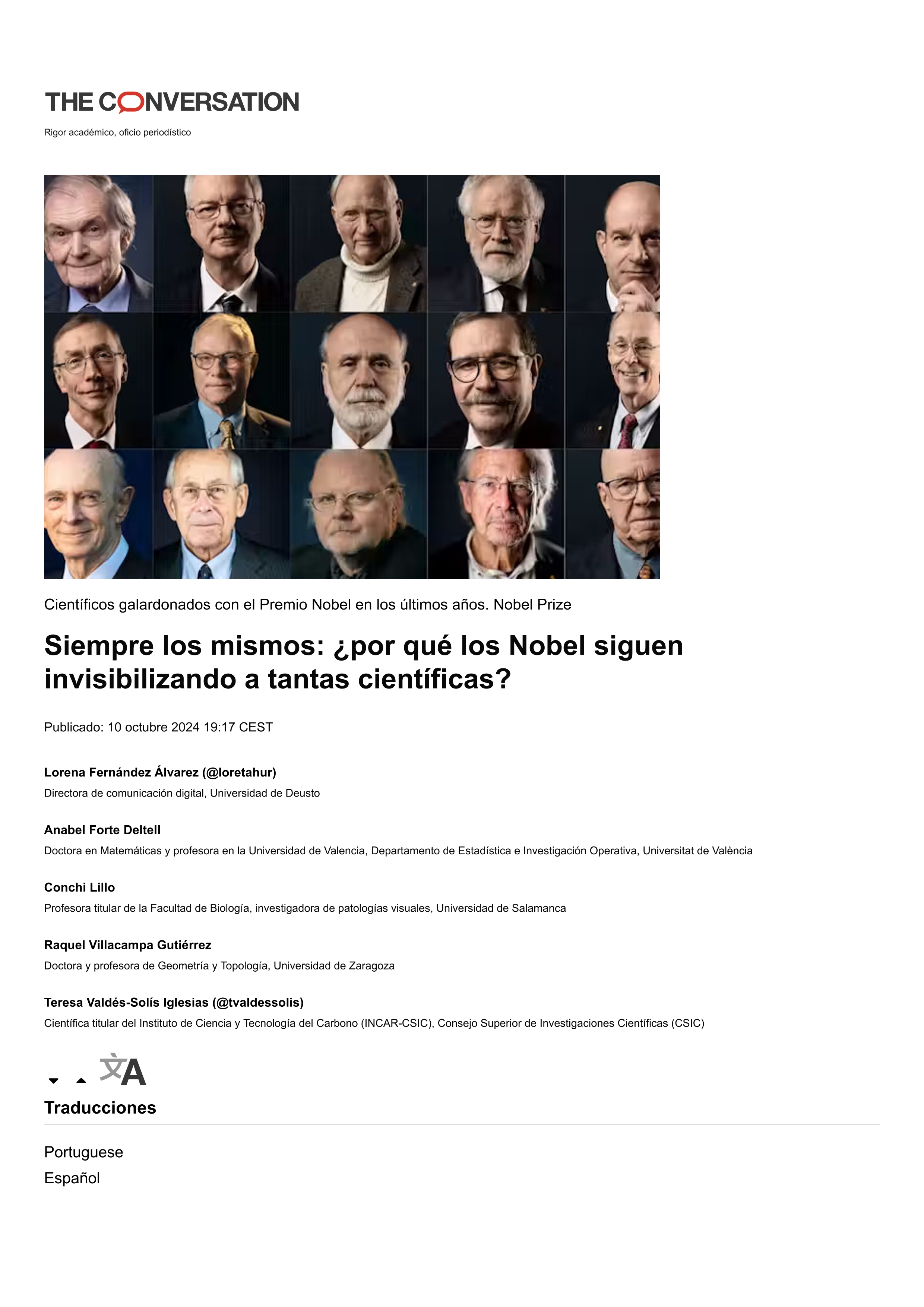 Siempre los mismos: ¿por qué los Nobel siguen invisibilizando a tantas científicas?