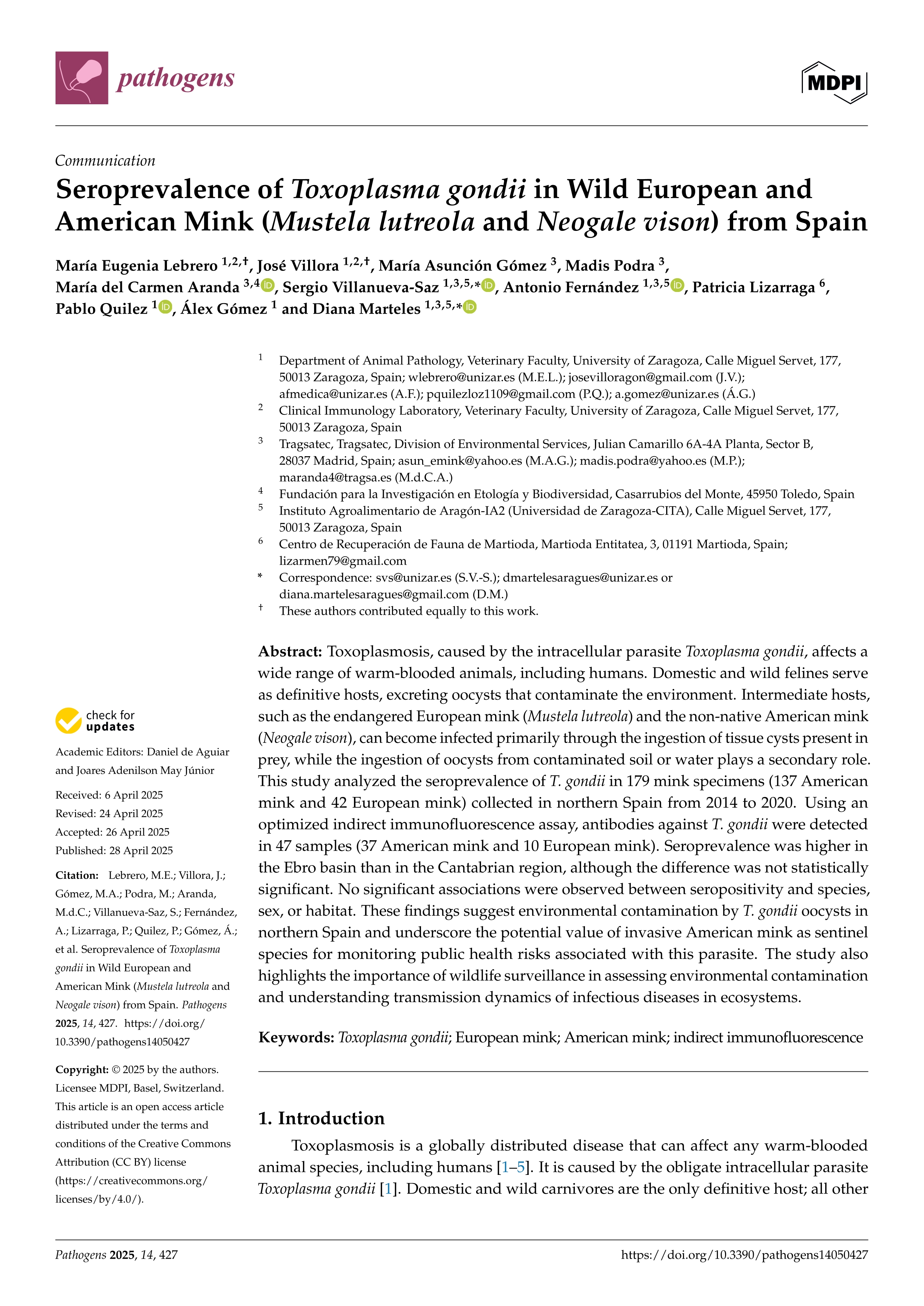 Seroprevalence of Toxoplasma gondii in Wild European and American Mink (Mustela lutreola and Neogale vison) from Spain