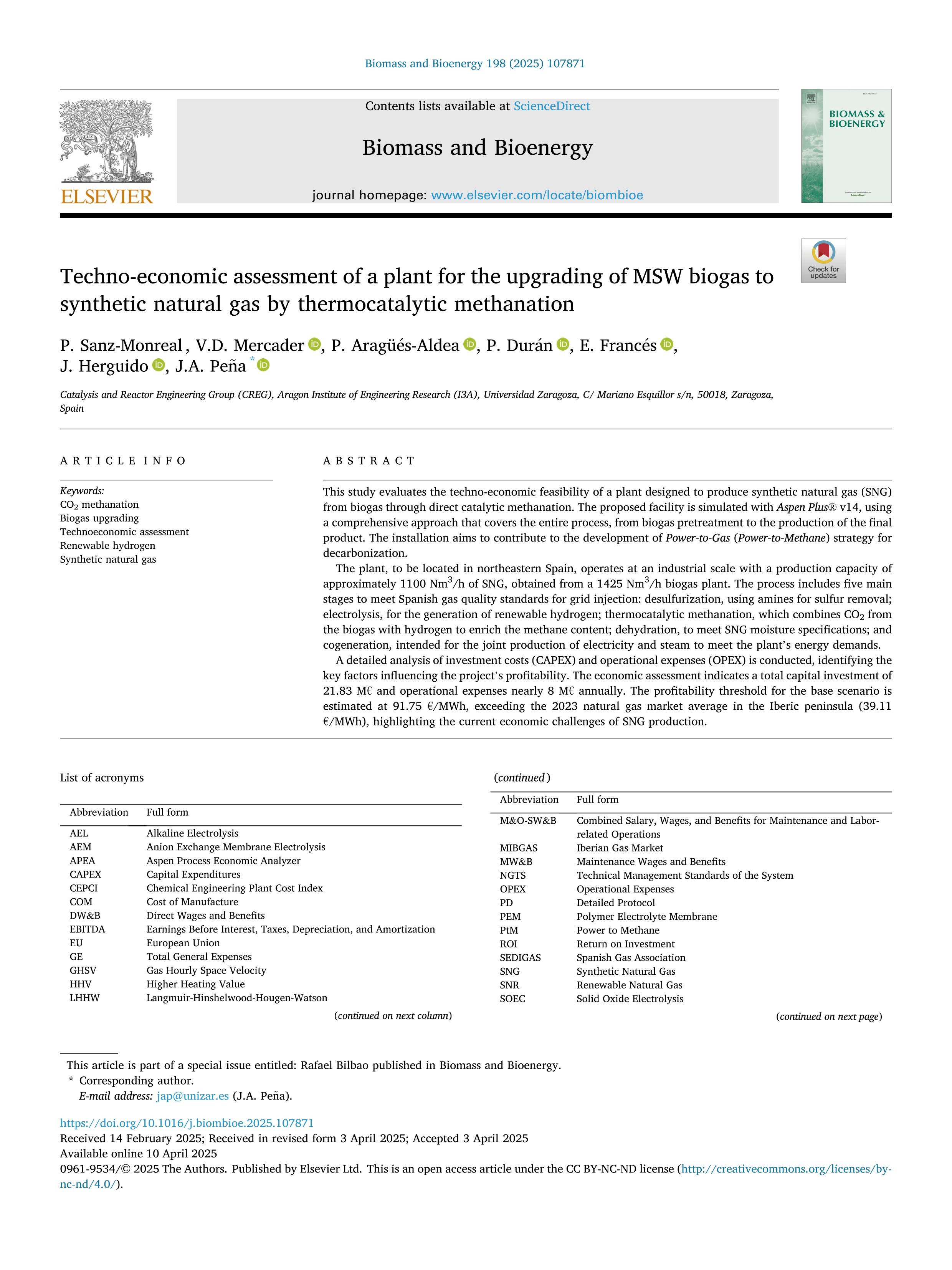 Techno-economic assessment of a plant for the upgrading of MSW biogas to synthetic natural gas by thermocatalytic methanation