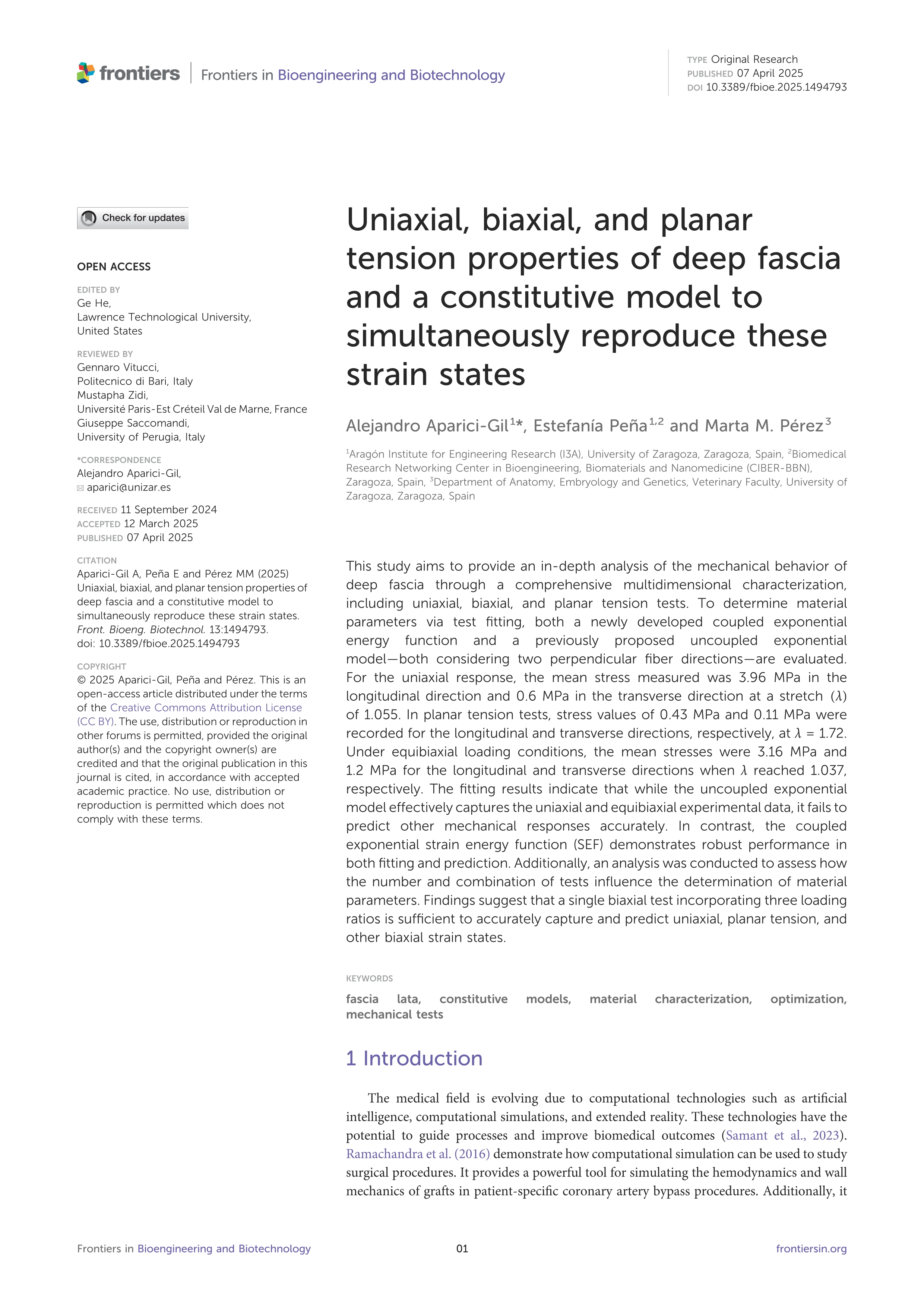 Uniaxial, biaxial, and planar tension properties of deep fascia and a constitutive model to simultaneously reproduce these strain states