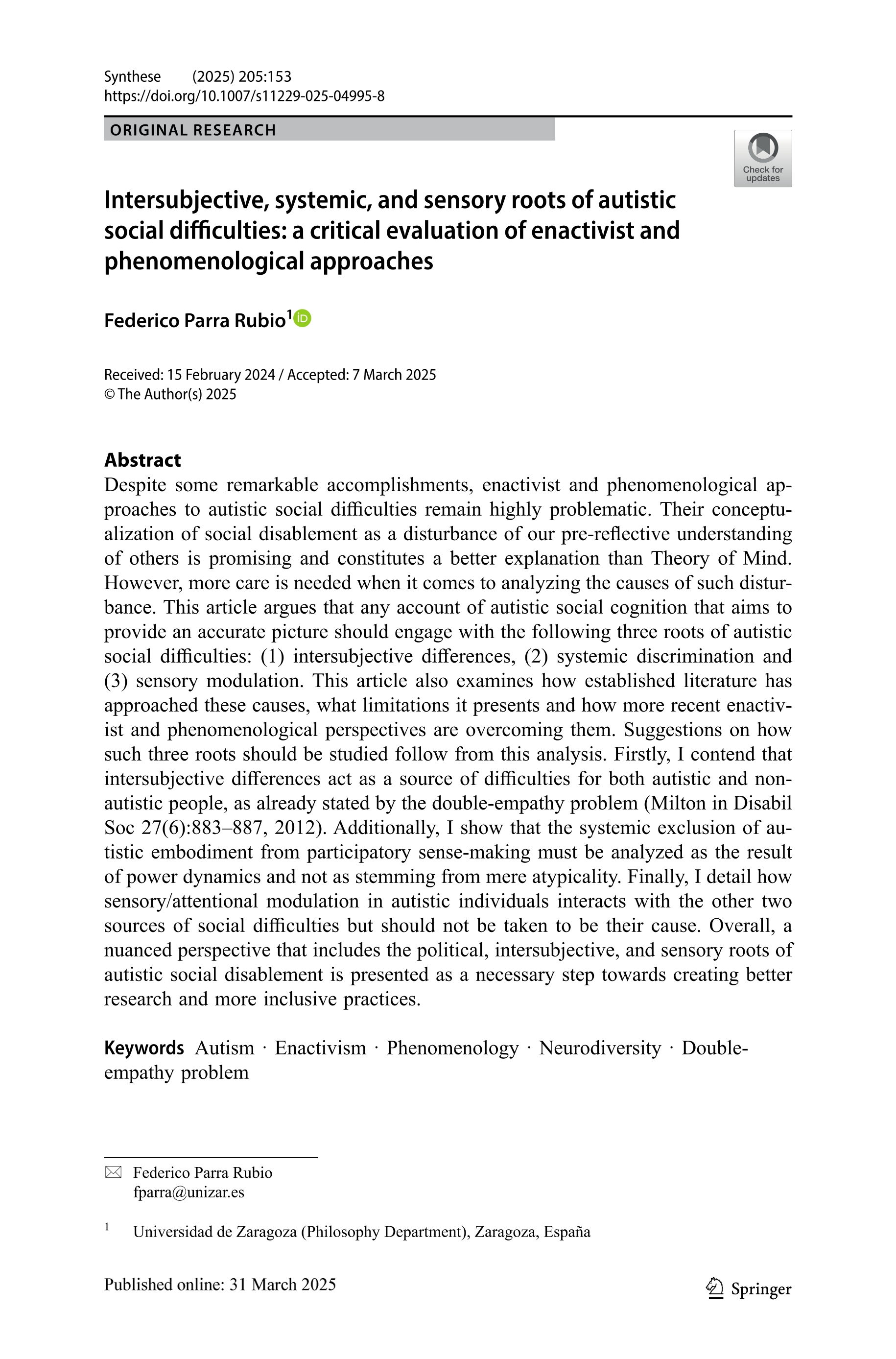 Intersubjective, systemic, and sensory roots of autistic social difficulties: a critical evaluation of enactivist and phenomenological approaches