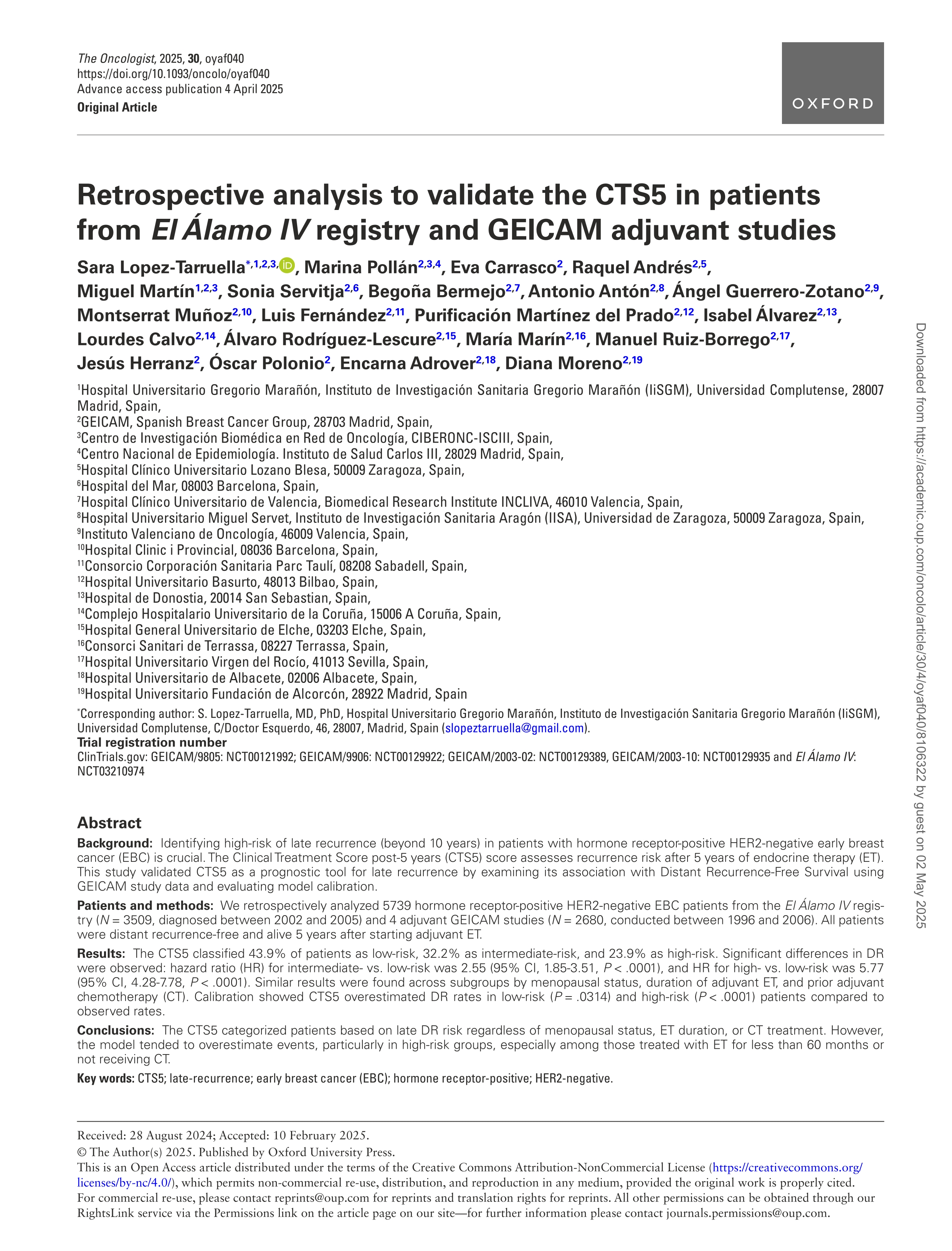 Retrospective analysis to validate the CTS5 in patients from <i>El Álamo IV</i> registry and GEICAM adjuvant studies