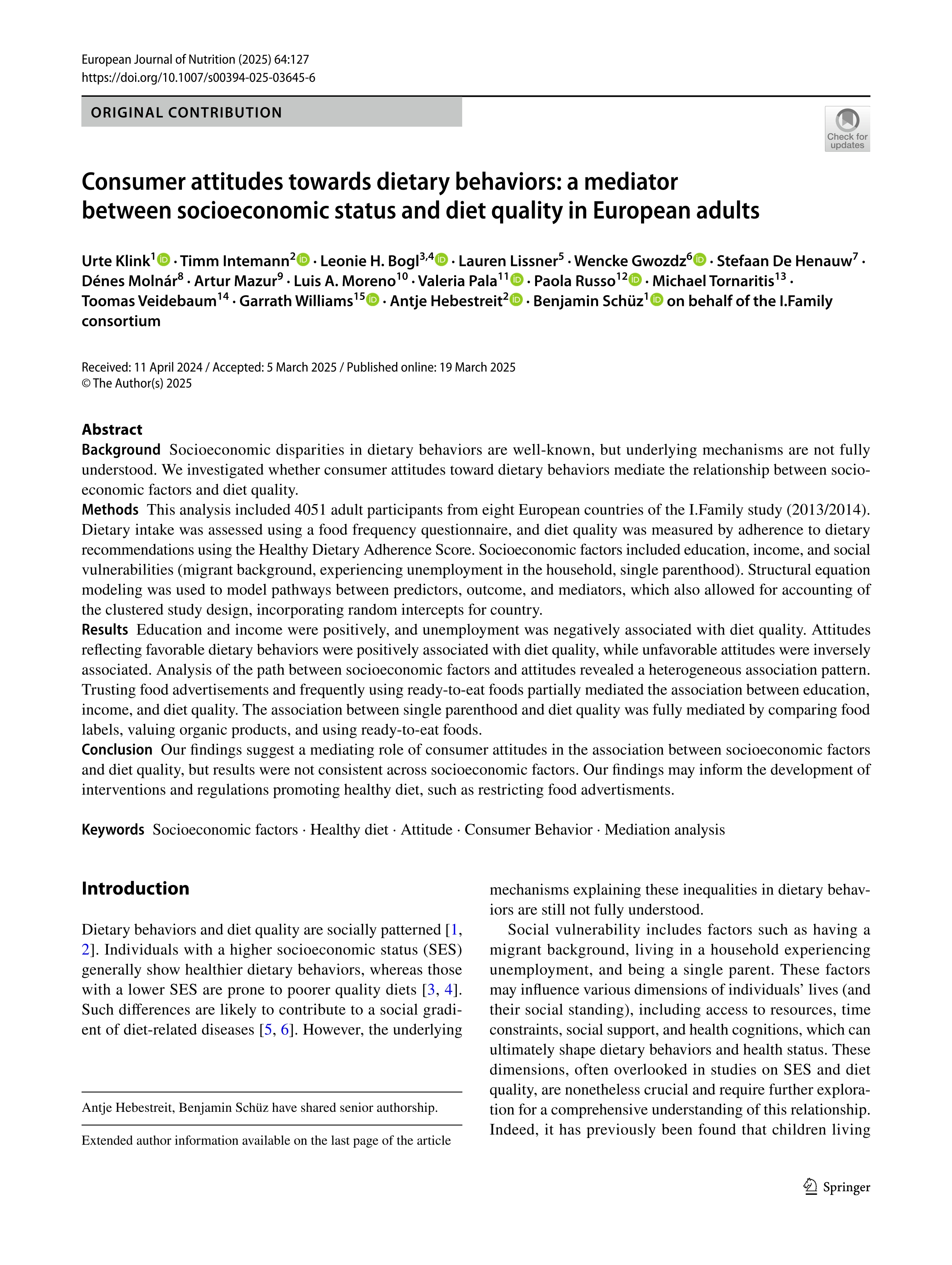Consumer attitudes towards dietary behaviors: a mediator between socioeconomic status and diet quality in European adults