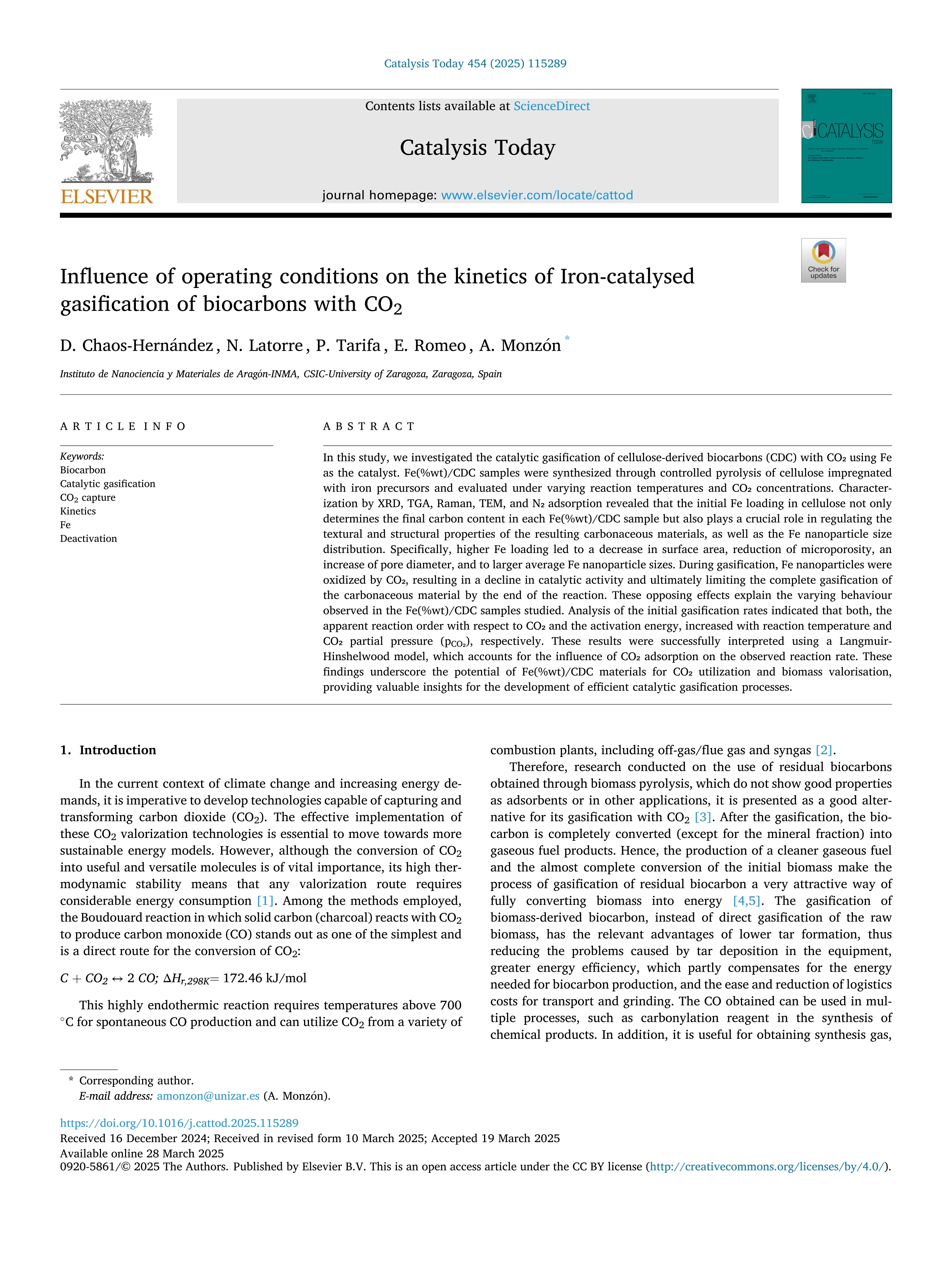 Influence of operating conditions on the kinetics of Iron-catalysed gasification of biocarbons with CO2