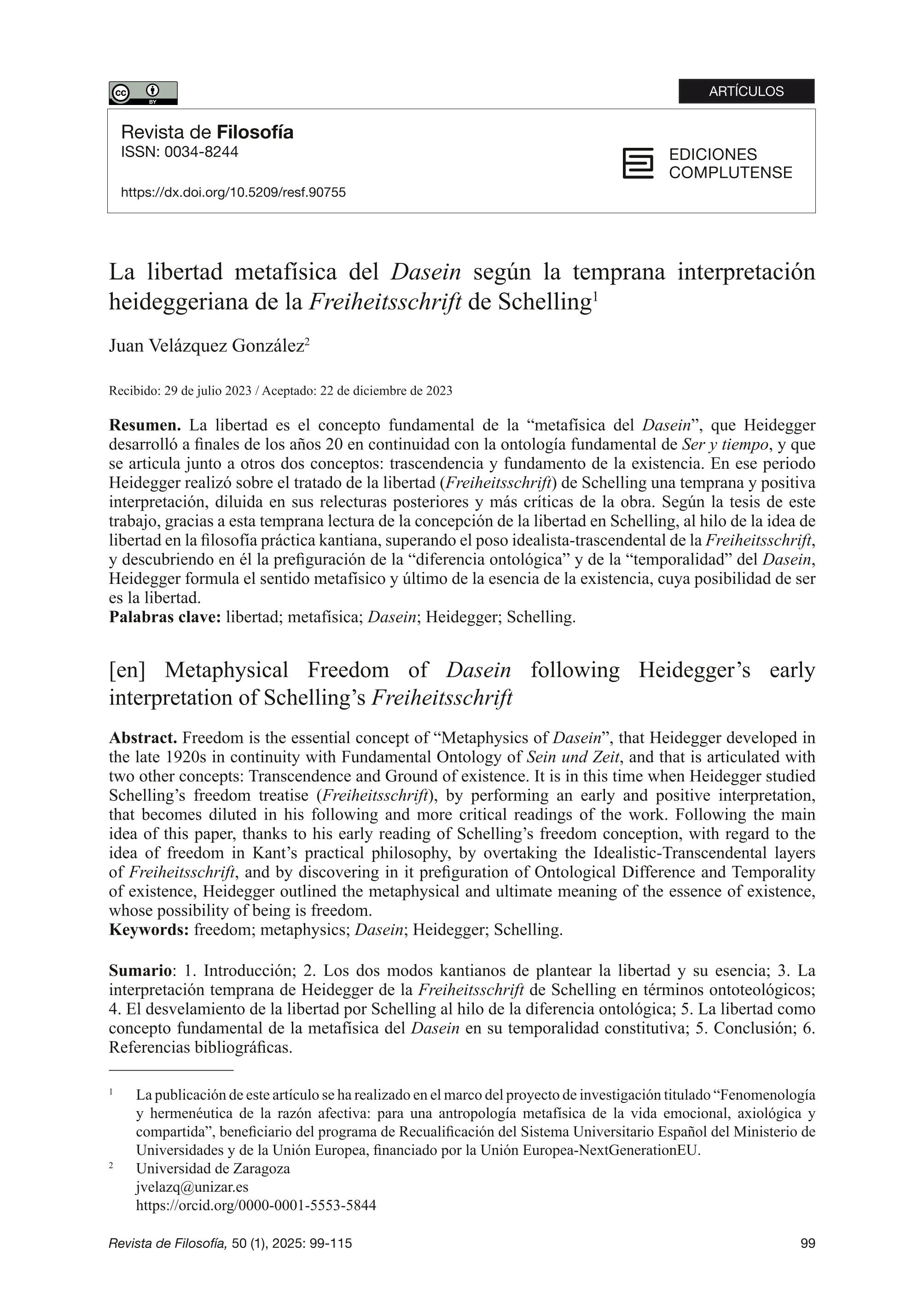 La libertad metafísica del Dasein según la temprana interpretación heideggeriana del Freiheitsschrift de Schelling