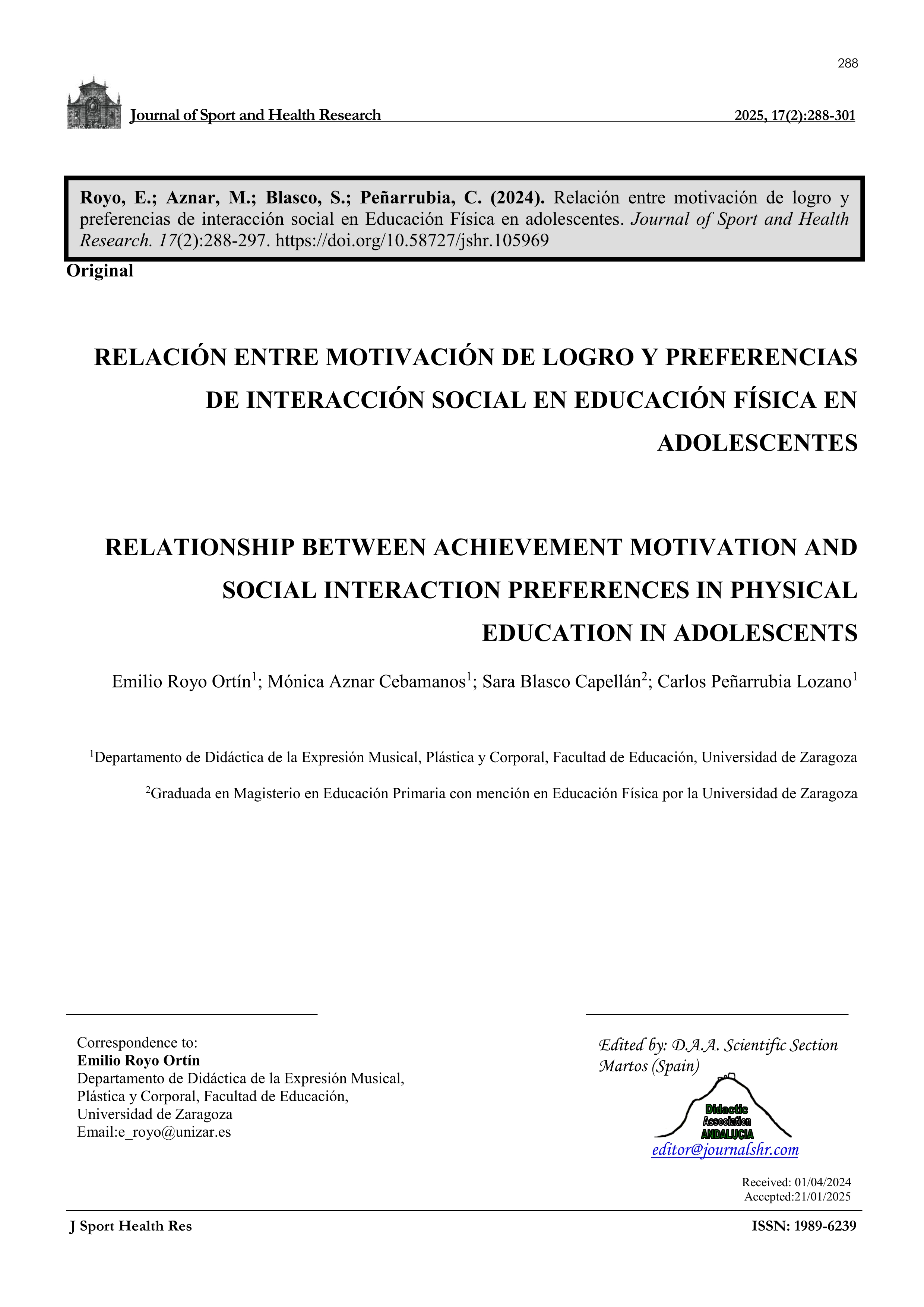 Relación entre motivación de logro y preferencias de interacción social en Educación Física en adolescentes