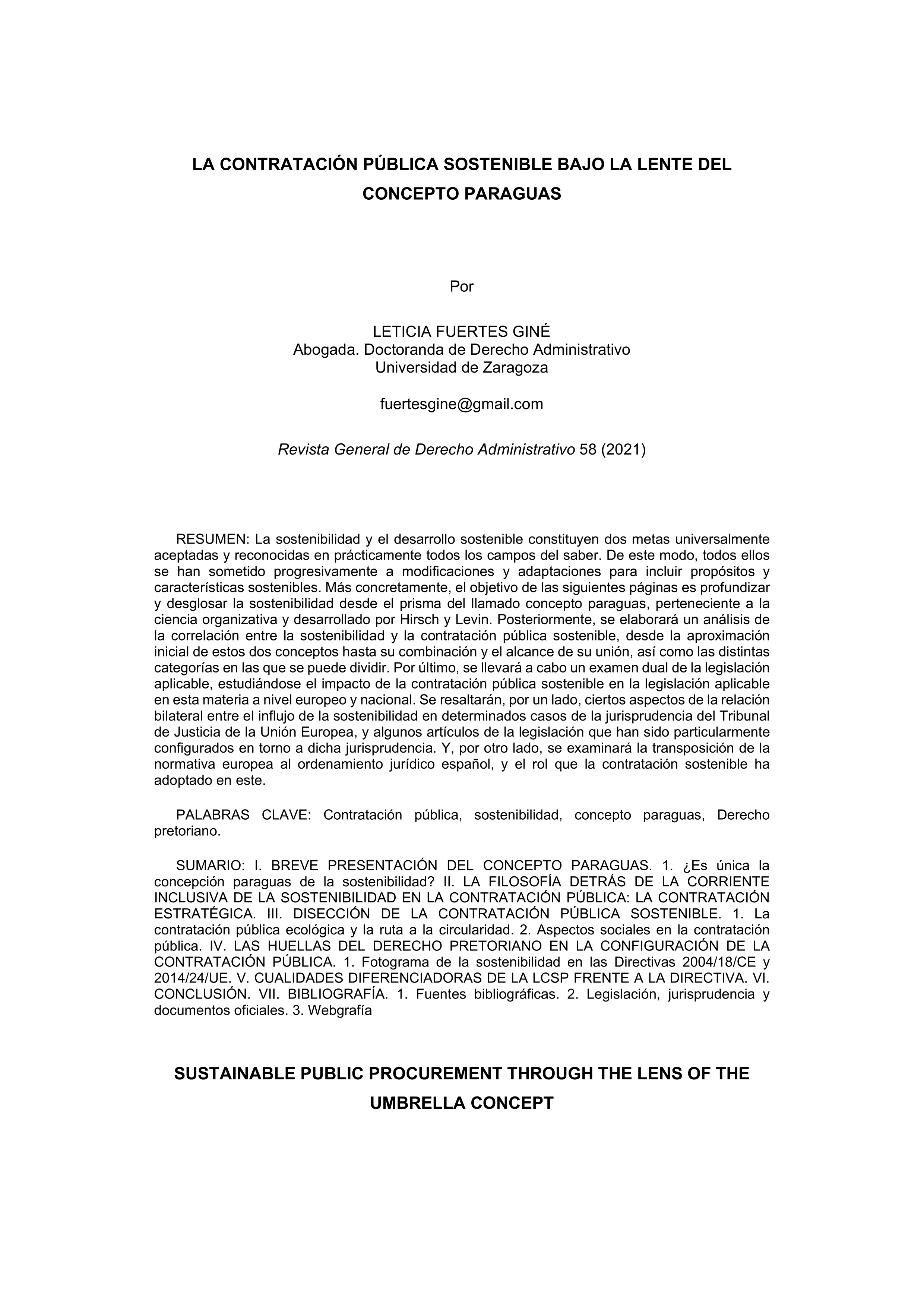 La contratación pública sostenible bajo la lente del concepto paraguas