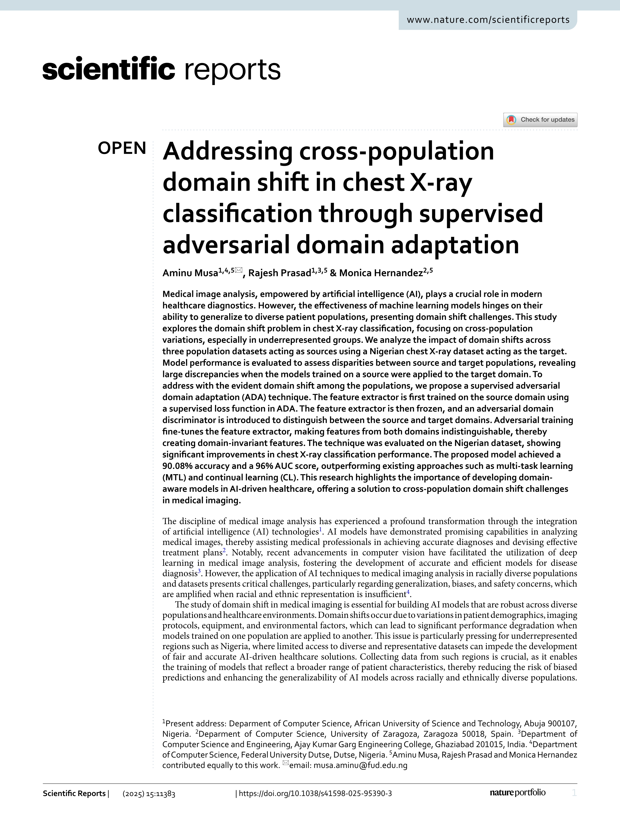 Addressing cross-population domain shift in chest X-ray classification through supervised adversarial domain adaptation