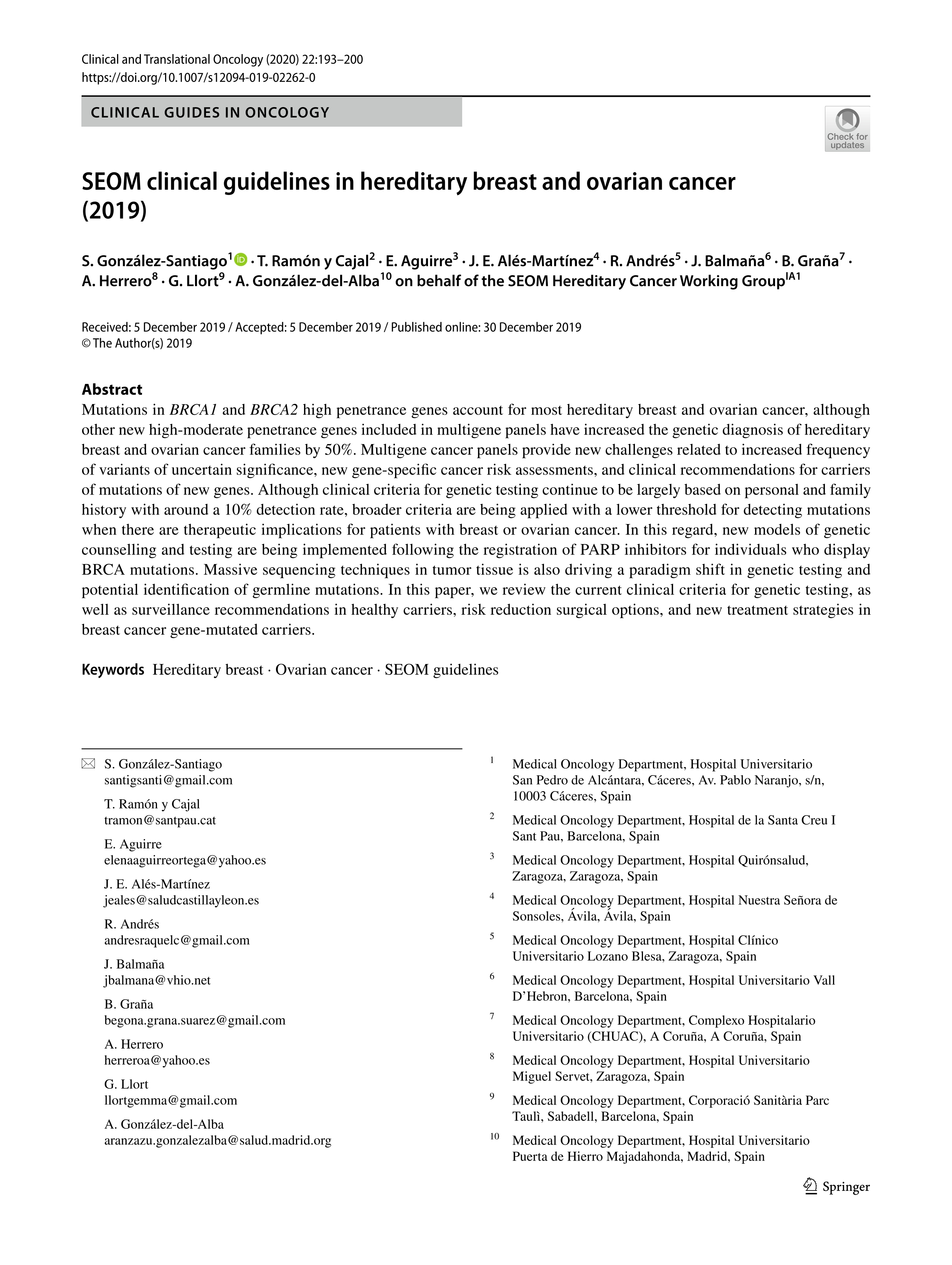 SEOM clinical guidelines in hereditary breast and ovarian cancer (2019)
