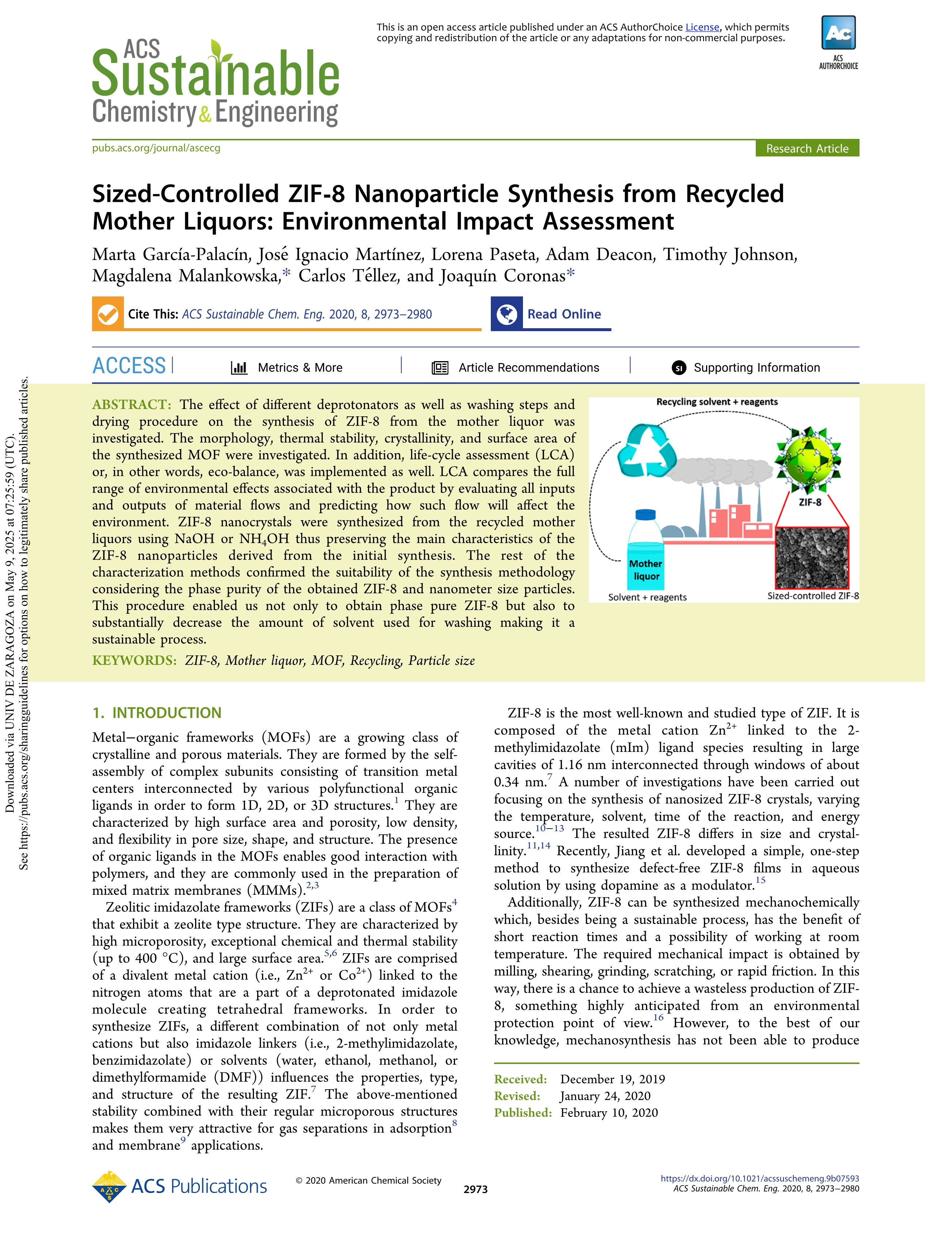 Sized-Controlled ZIF-8 Nanoparticle Synthesis from Recycled Mother Liquors: Environmental Impact Assessment