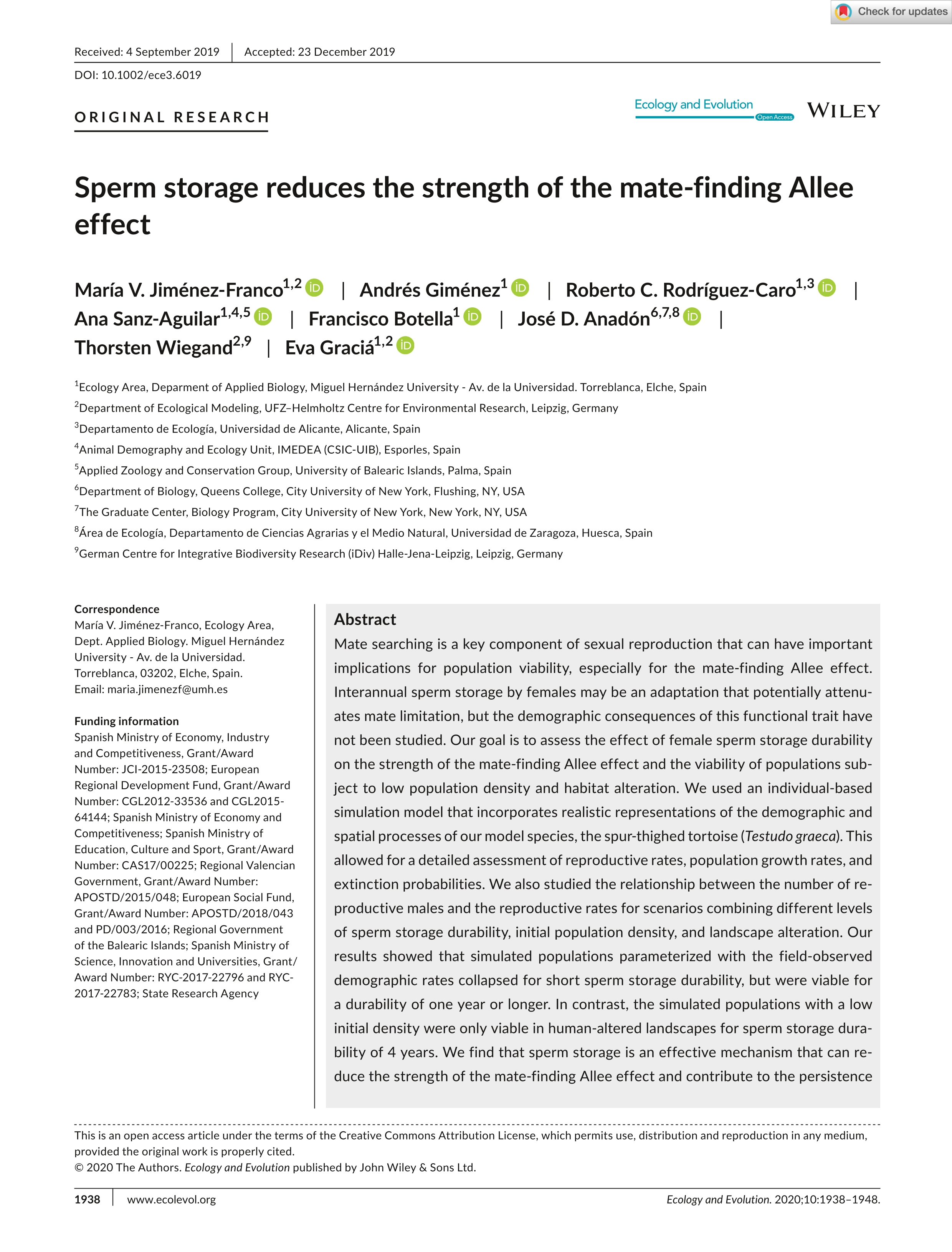 Sperm storage reduces the strength of the mate-finding Allee effect