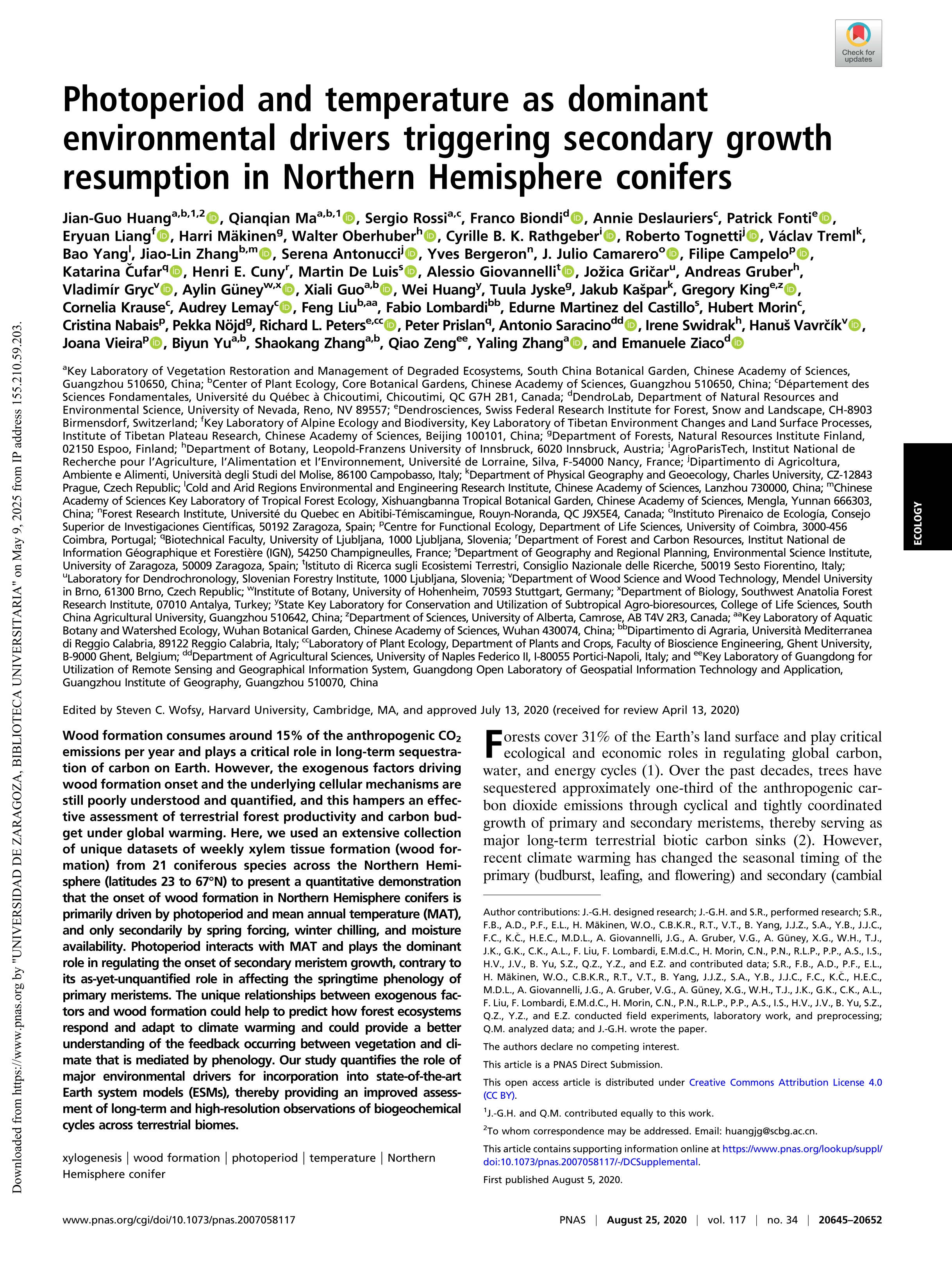 Photoperiod and temperature as dominant environmental drivers triggering secondary growth resumption in Northern Hemisphere conifers