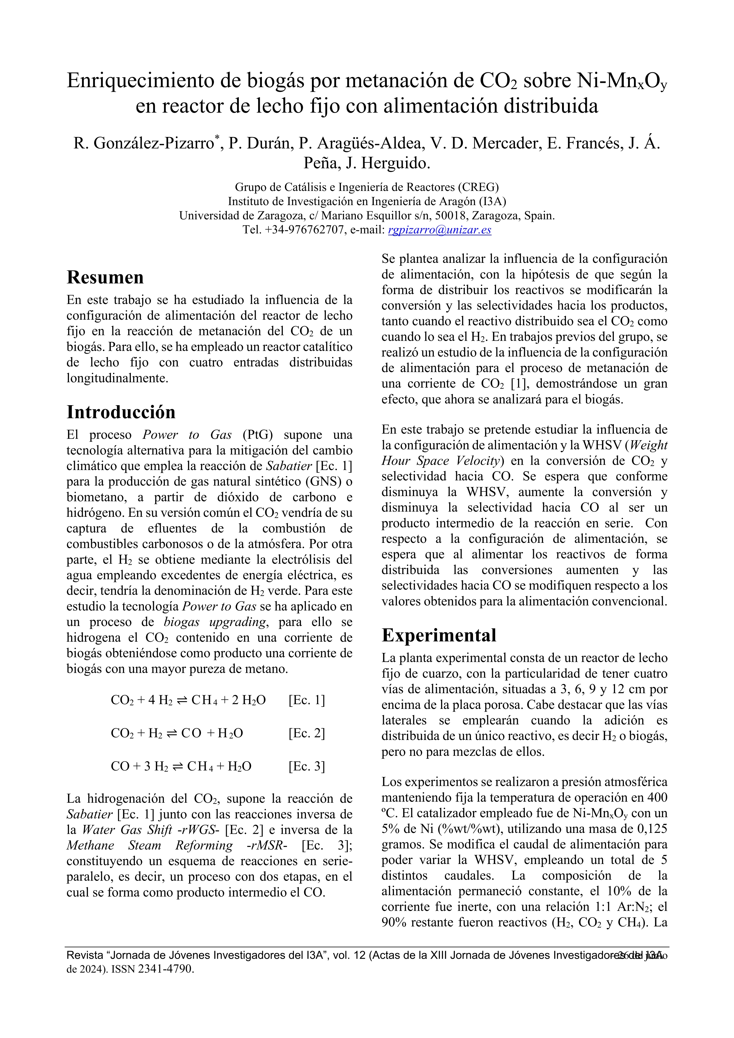 Enriquecimiento de biogás por metanación de CO2 sobre Ni-MnxOy en reactor de lecho fijo con alimentación distribuida