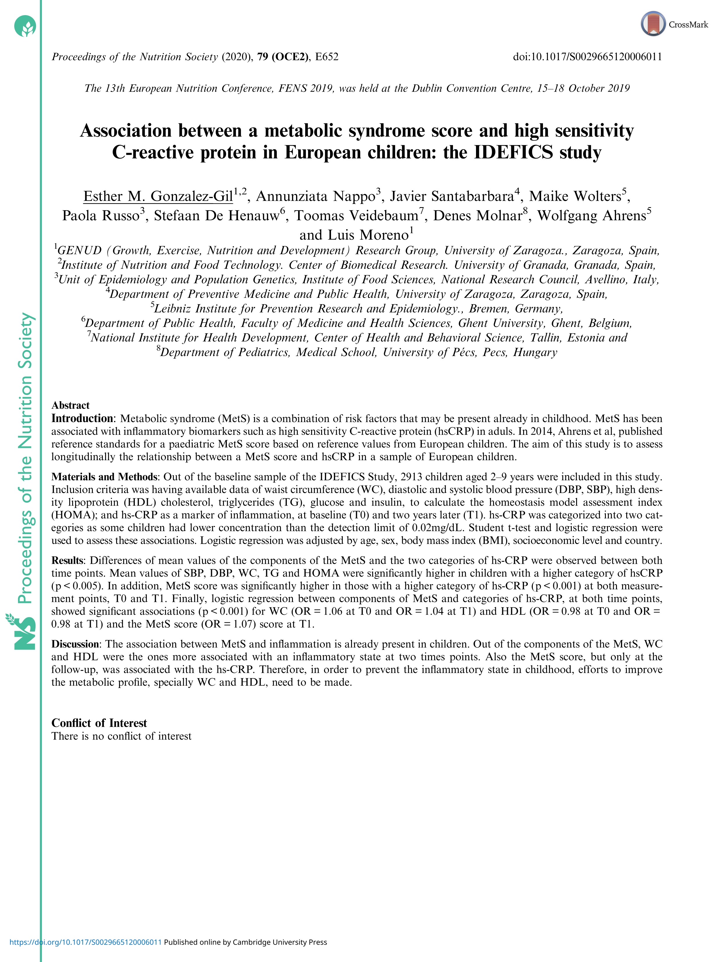 Association between a metabolic syndrome score and high sensitivity C-reactive protein in European children: the IDEFICS study