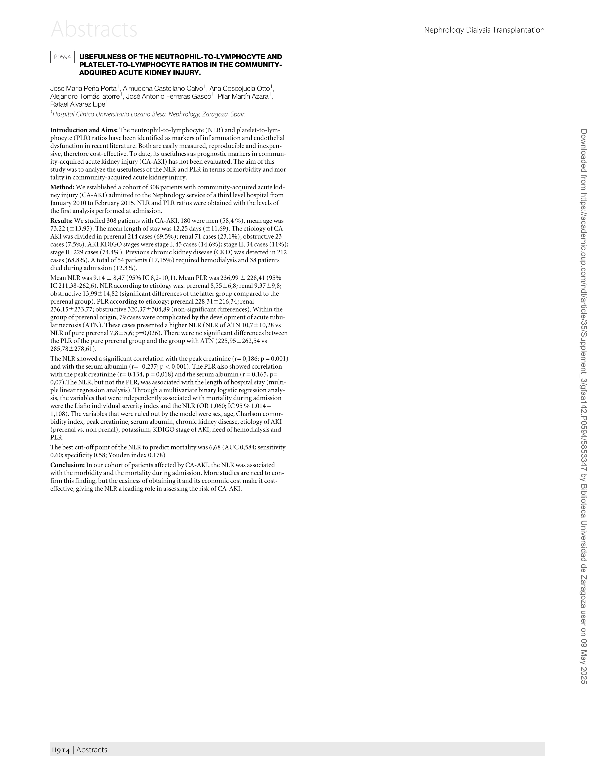 Usefulness of the neutrophil-to-lymphocyte and platelet-to-lymphocyte ratios in the community-adquired acute kidney injury