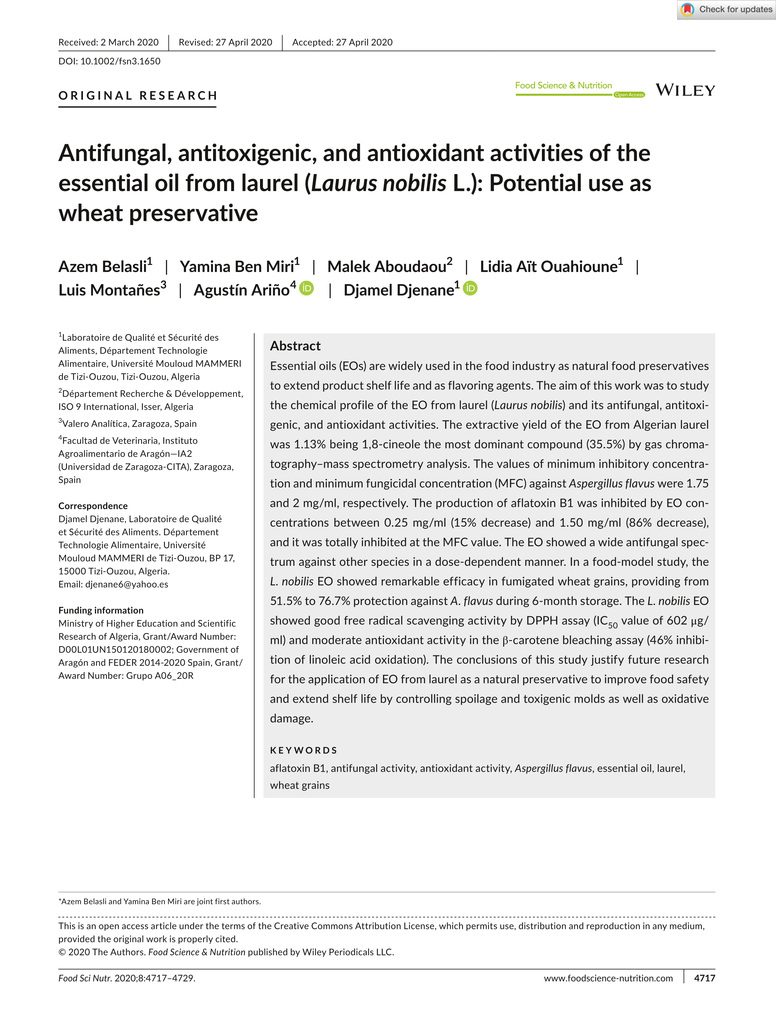 Antifungal, antitoxigenic, and antioxidant activities of the essential oil from laurel (Laurus nobilis L.): Potential use as wheat preservative