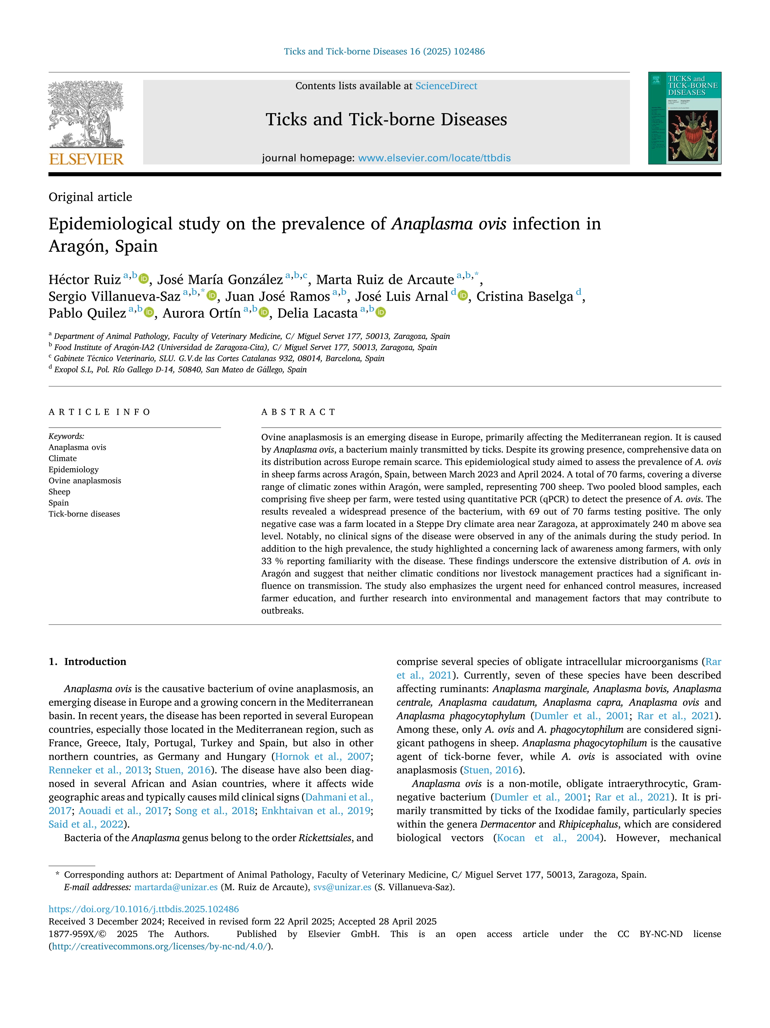 Epidemiological study on the prevalence of Anaplasma ovis infection in Aragón, Spain