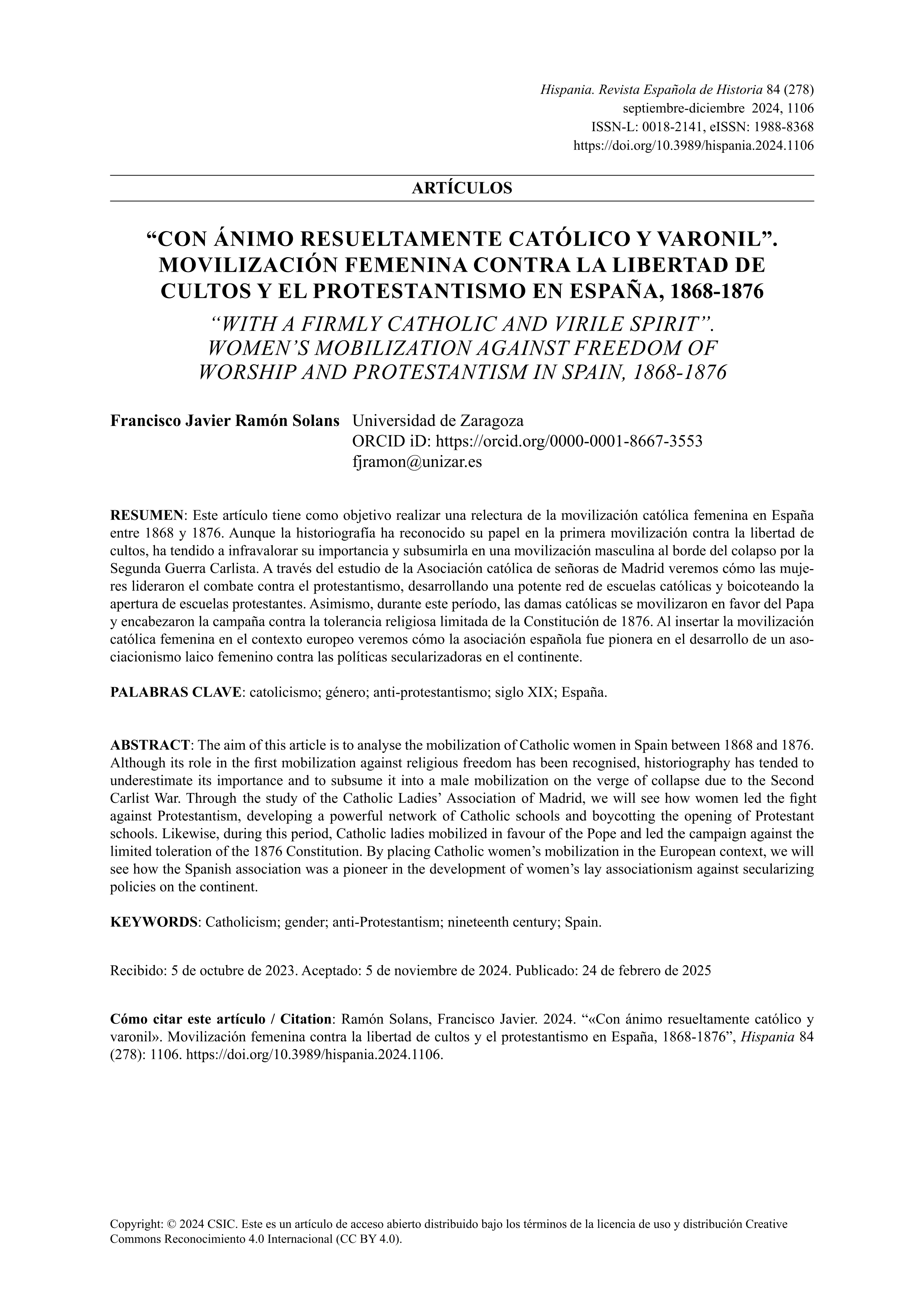 “Con ánimo resueltamente católico y varonil». Movilización femenina contra la libertad de cultos y el protestantismo en España, 1868-1876
