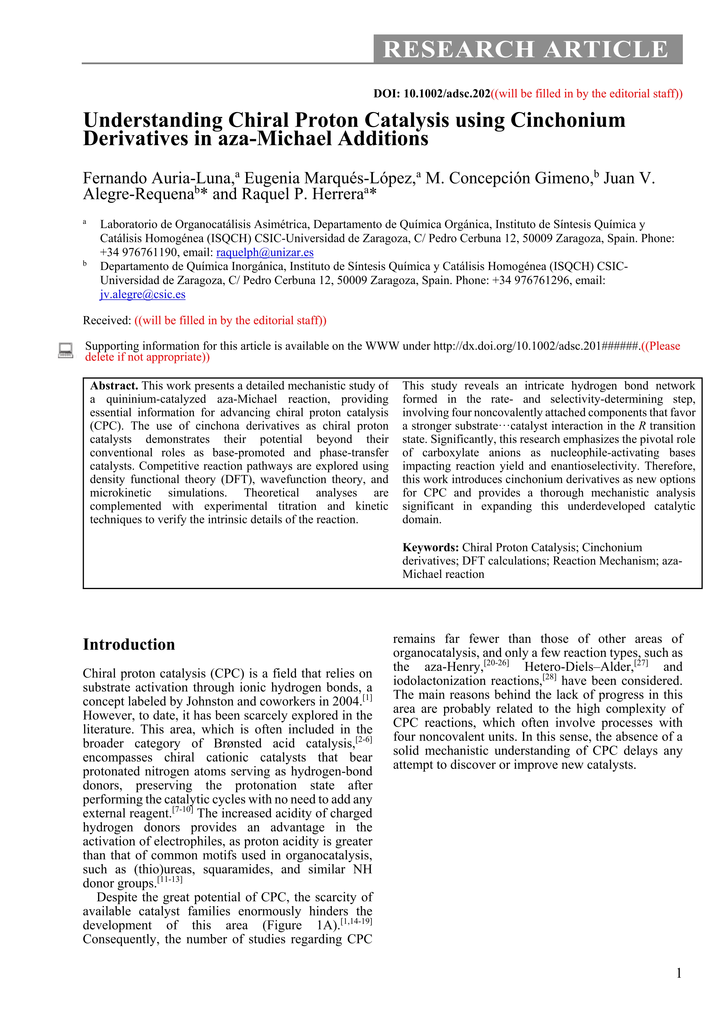 Understanding Chiral Proton Catalysis Using Cinchonium Derivatives in aza‐Michael Additions