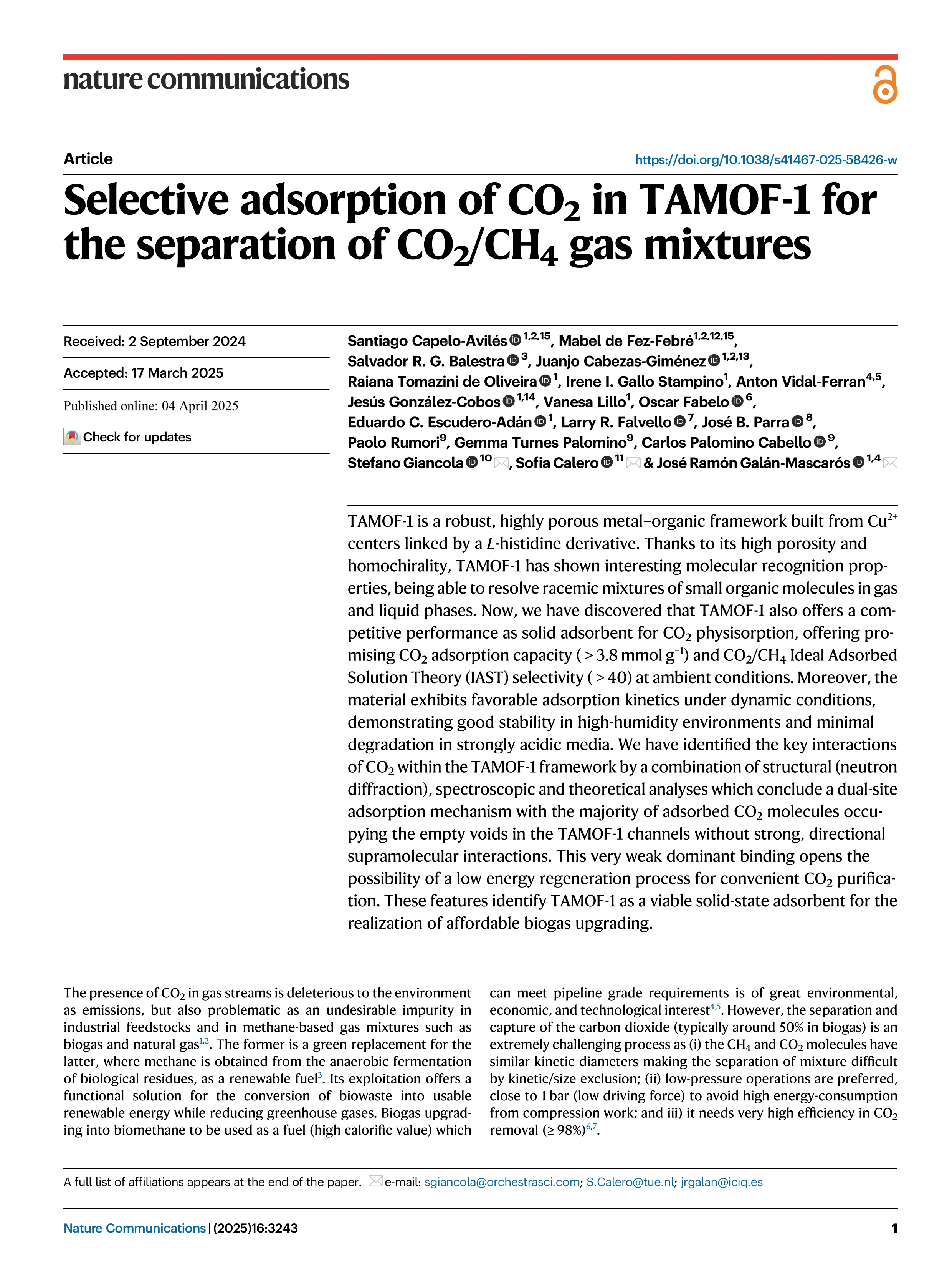 Selective adsorption of CO2 in TAMOF-1 for the separation of CO2/CH4 gas mixtures