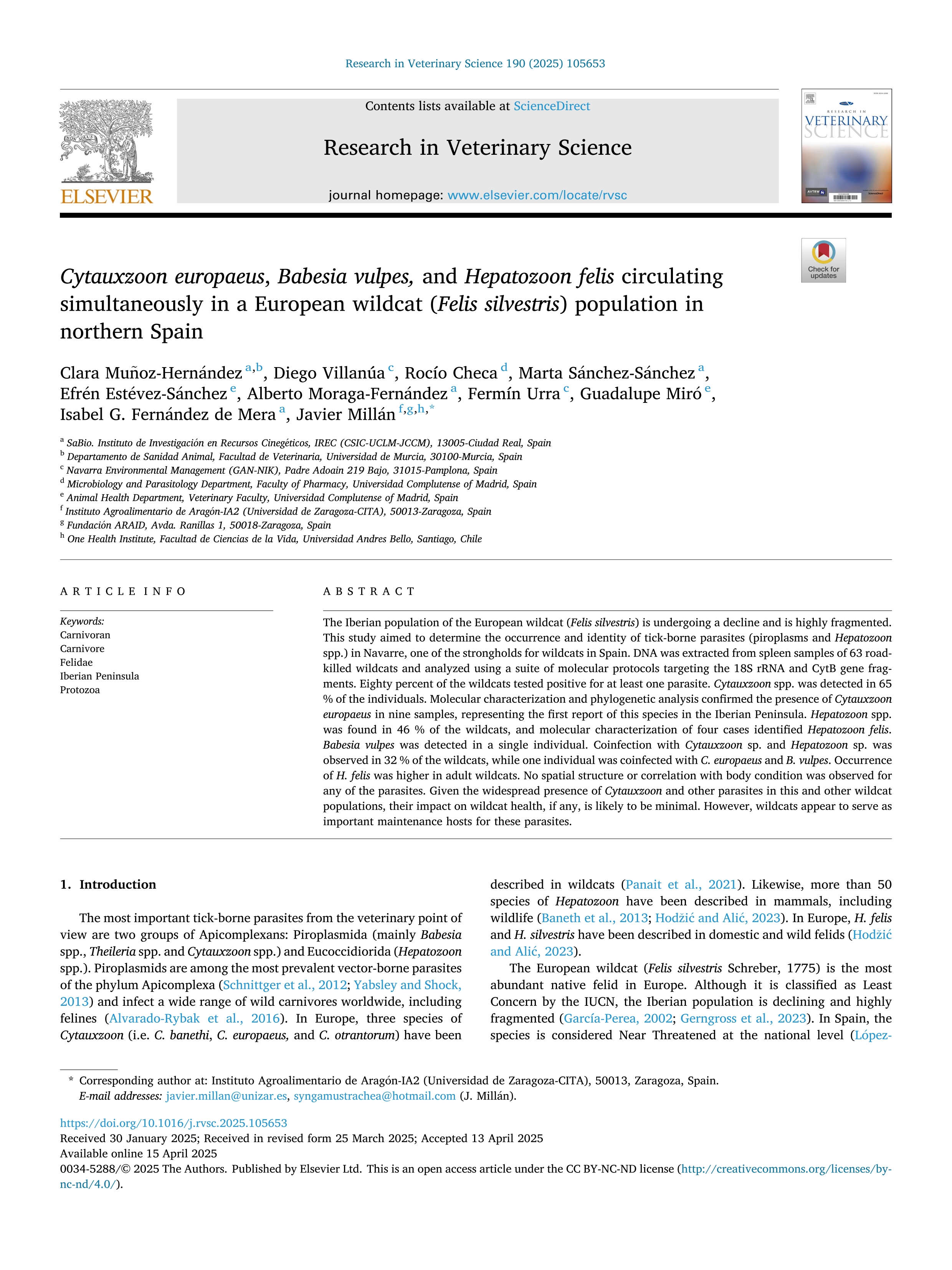 Cytauxzoon europaeus, Babesia vulpes, and Hepatozoon felis circulating simultaneously in a European wildcat (Felis silvestris) population in northern Spain