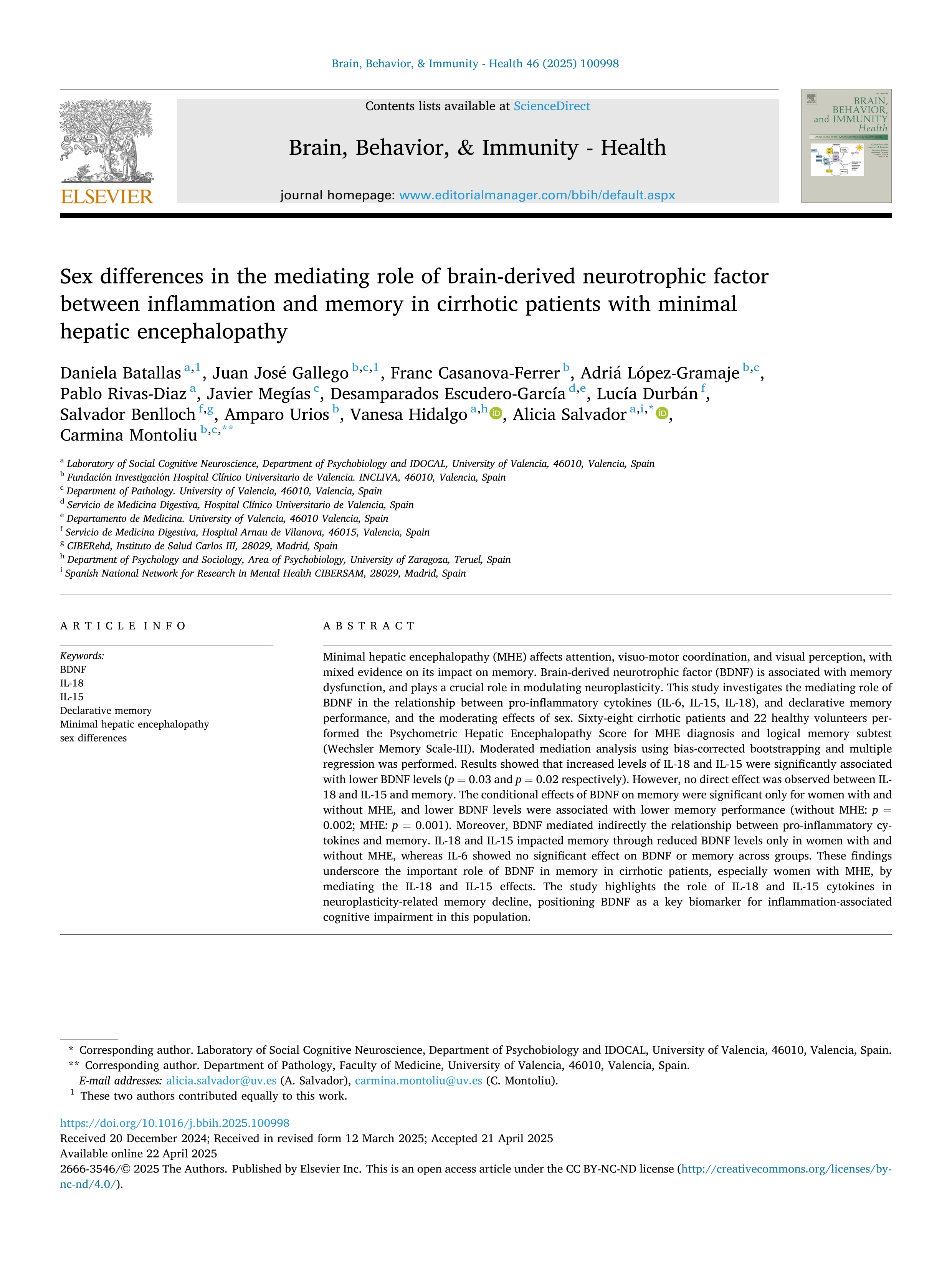 Sex differences in the mediating role of brain-derived neurotrophic factor between inflammation and memory in cirrhotic patients with minimal hepatic encephalopathy