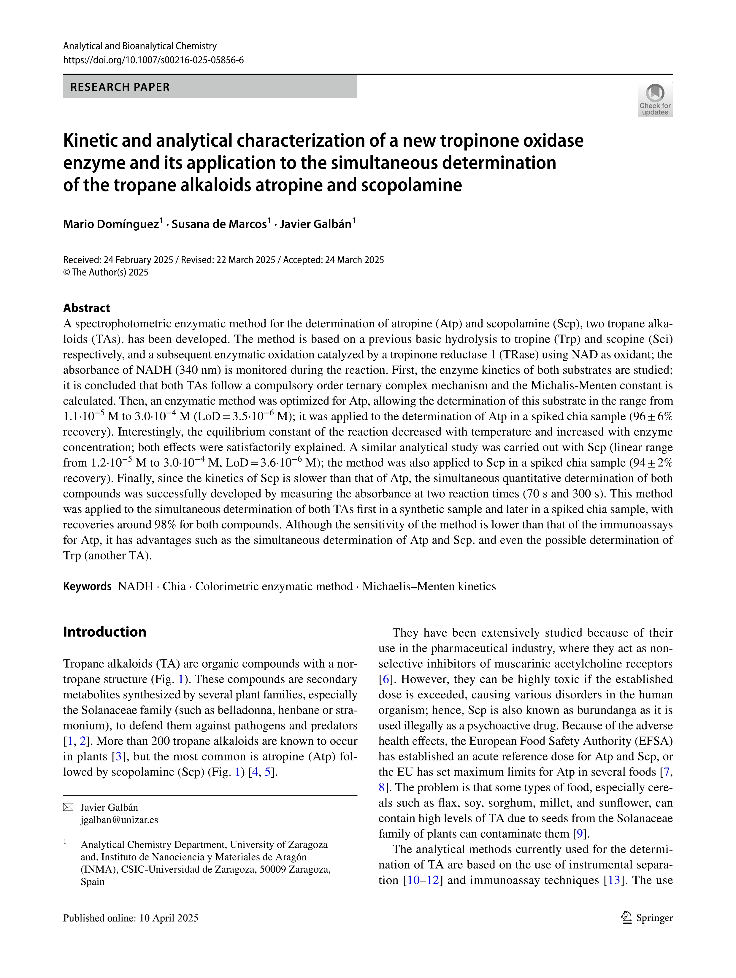 Kinetic and analytical characterization of a new tropinone oxidase enzyme and its application to the simultaneous determination of the tropane alkaloids atropine and scopolamine