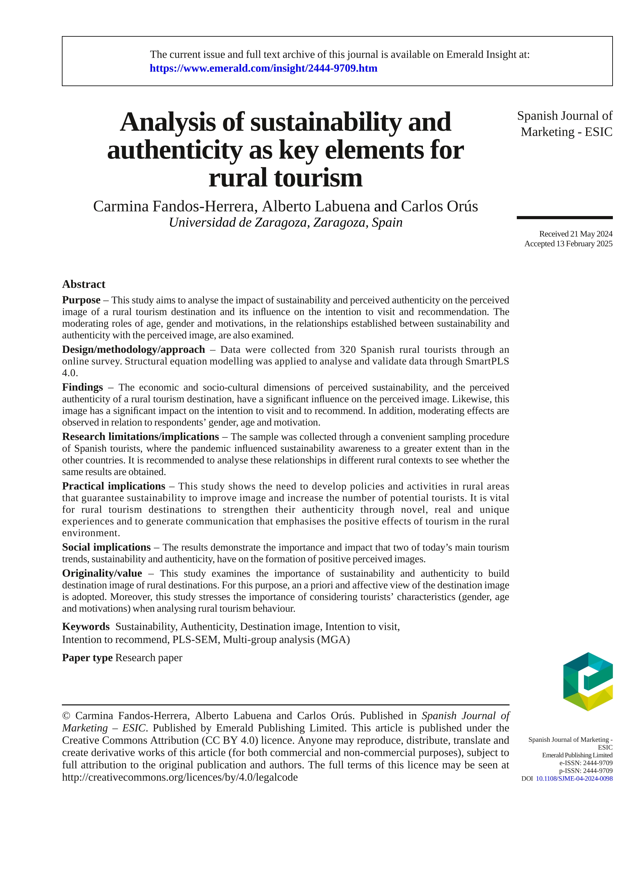 Analysis of sustainability and authenticity as key elements for rural tourism